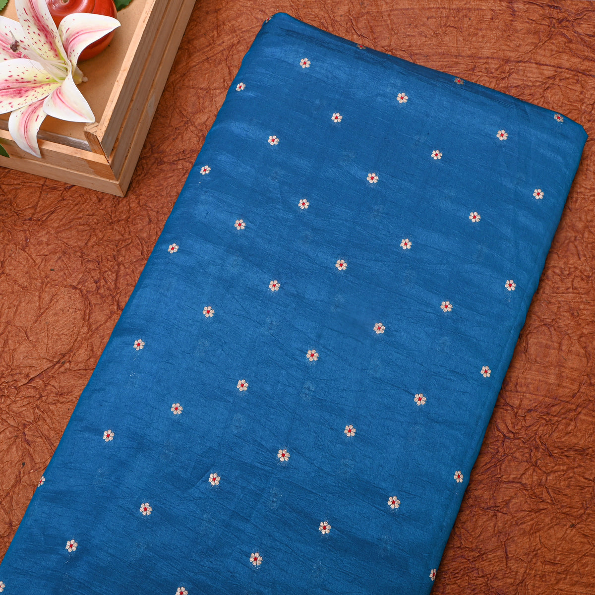 Bright Blue Silver Zari Floral Butti Bnarasi Silk Fabric