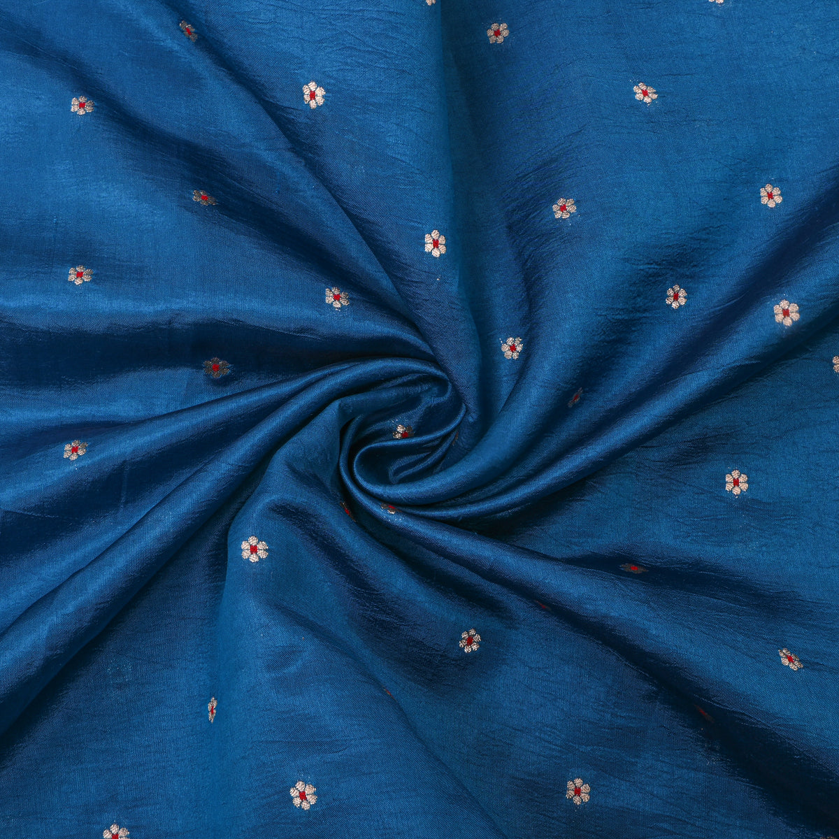 Bright Blue Silver Zari Floral Butti Bnarasi Silk Fabric