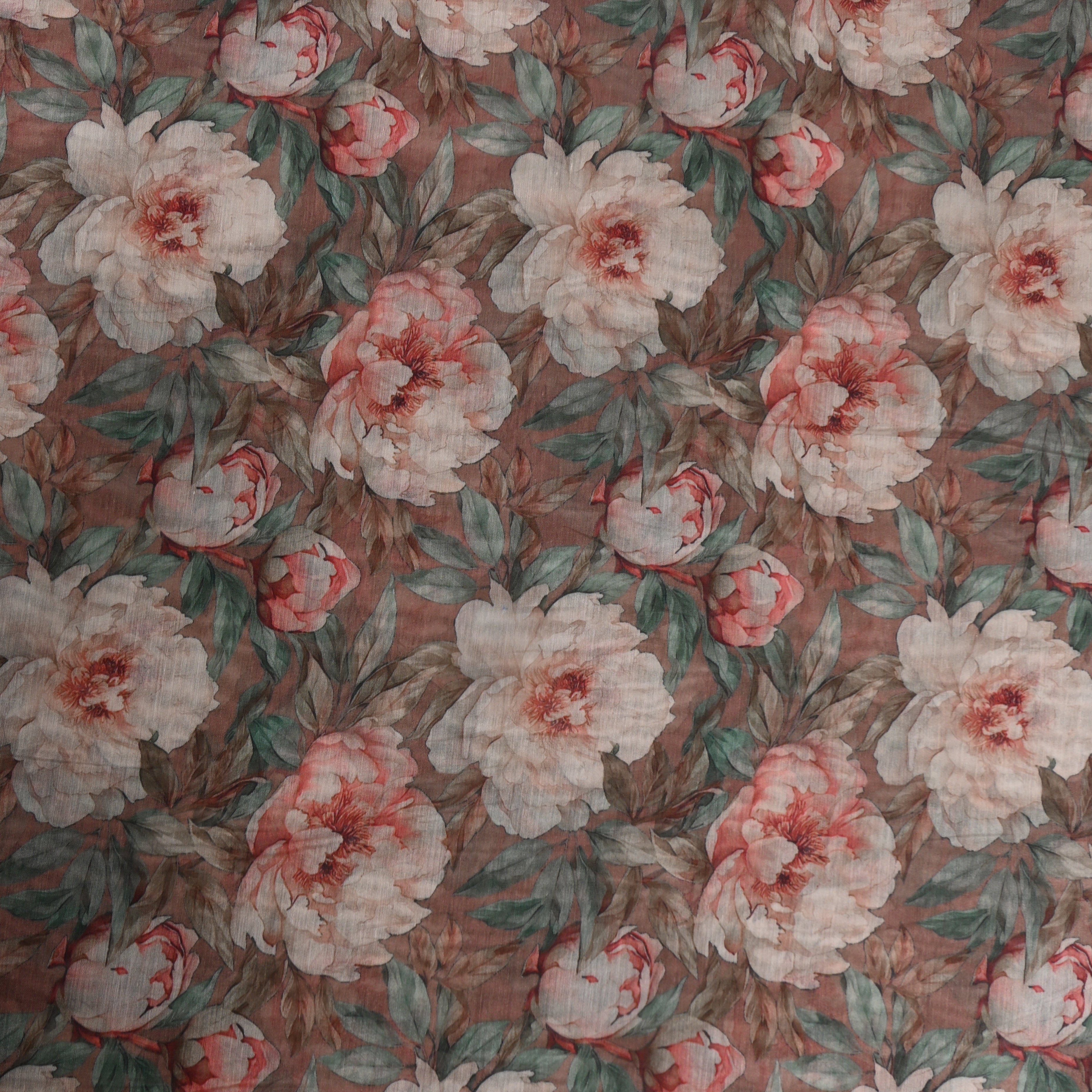 Mauve Brown Peony Digital Print Soft Silk