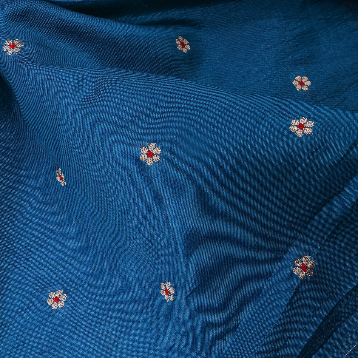Bright Blue Silver Zari Floral Butti Bnarasi Silk Fabric