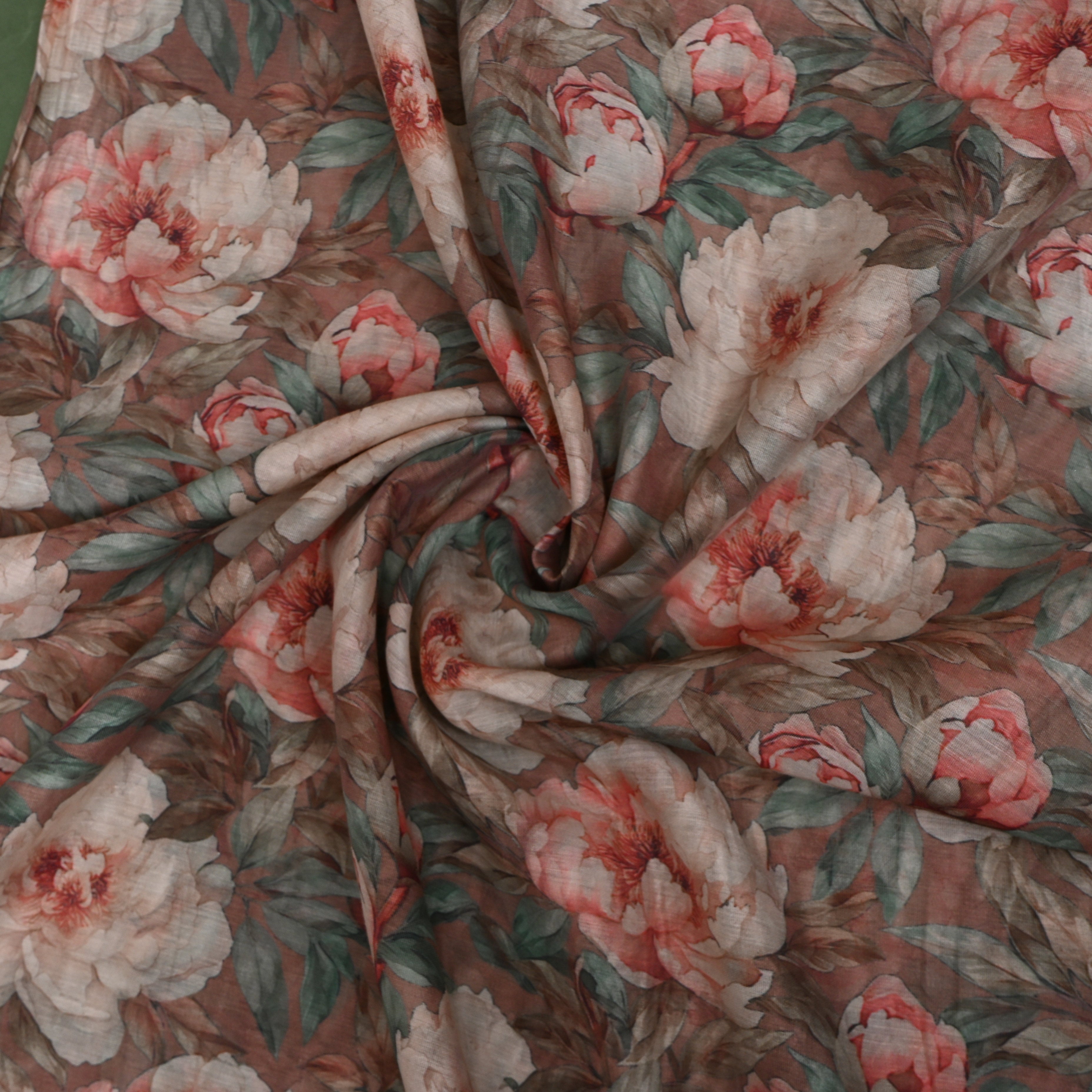 Mauve Brown Peony Digital Print Soft Silk