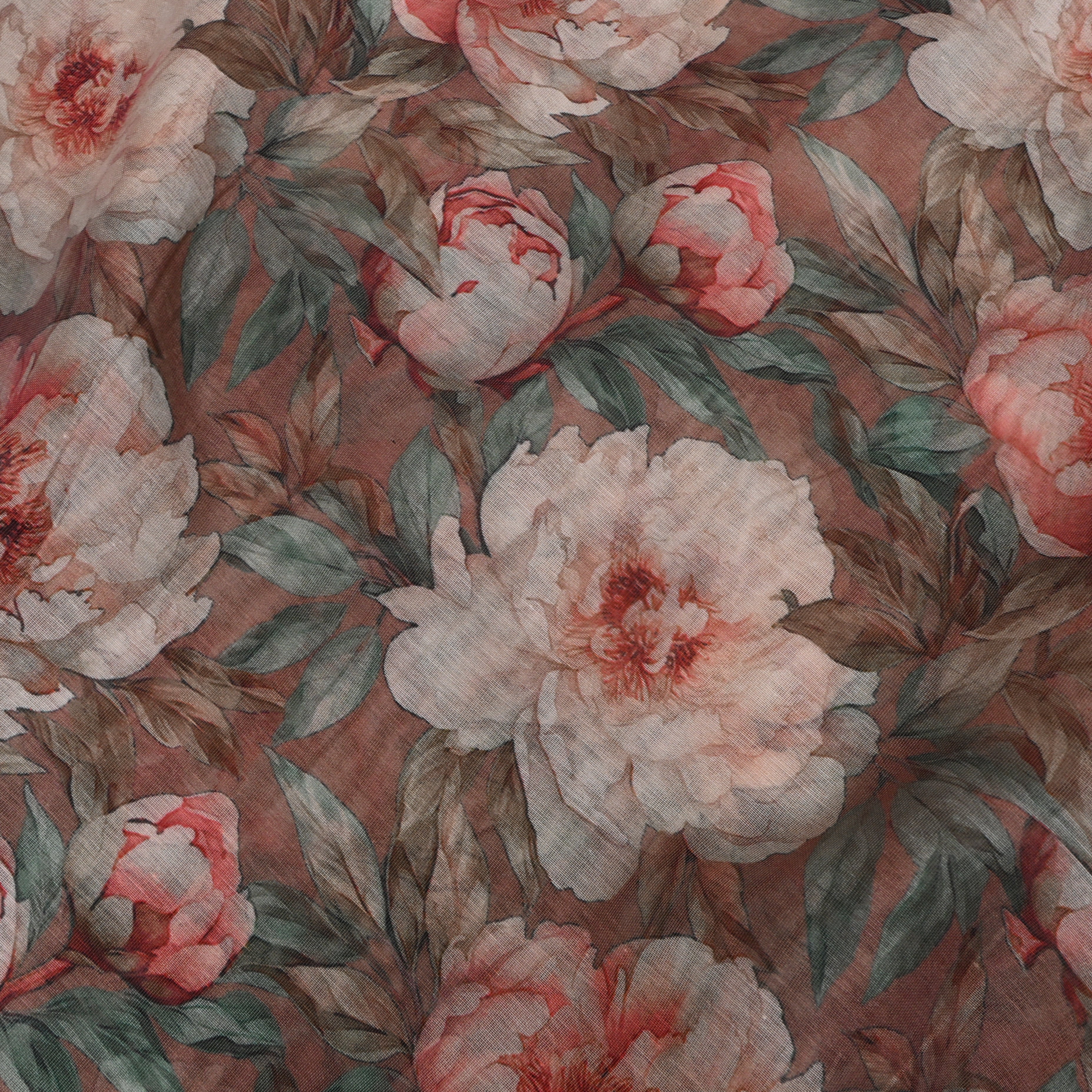 Mauve Brown Peony Digital Print Soft Silk