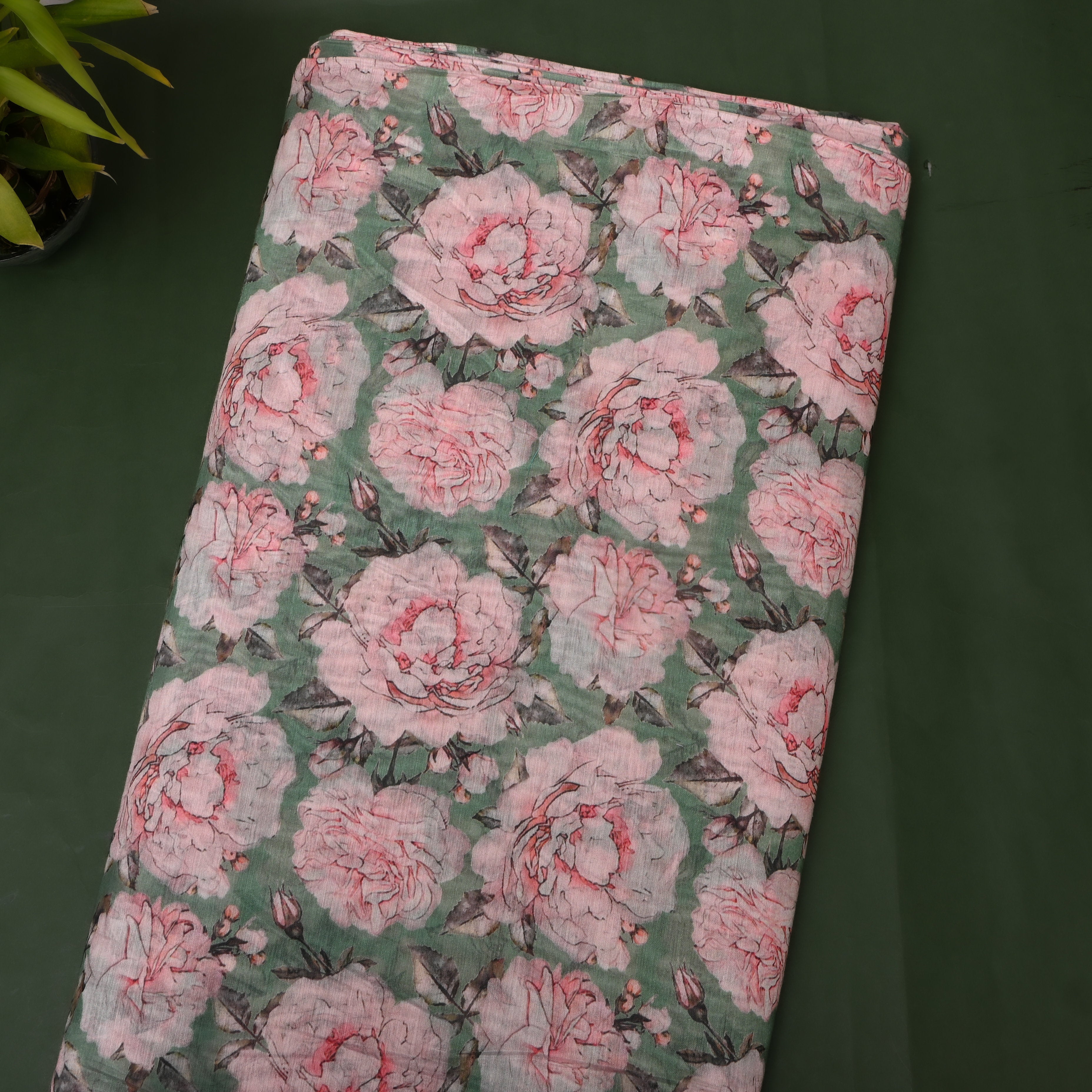 Sage Green Rose Bloom Digital Print Soft Silk