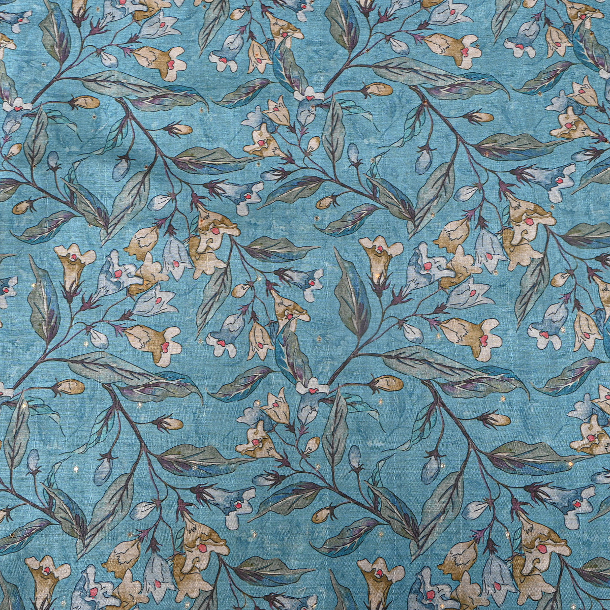 Turquoise Bell Flower Vine Print Tussar Silk Fabric