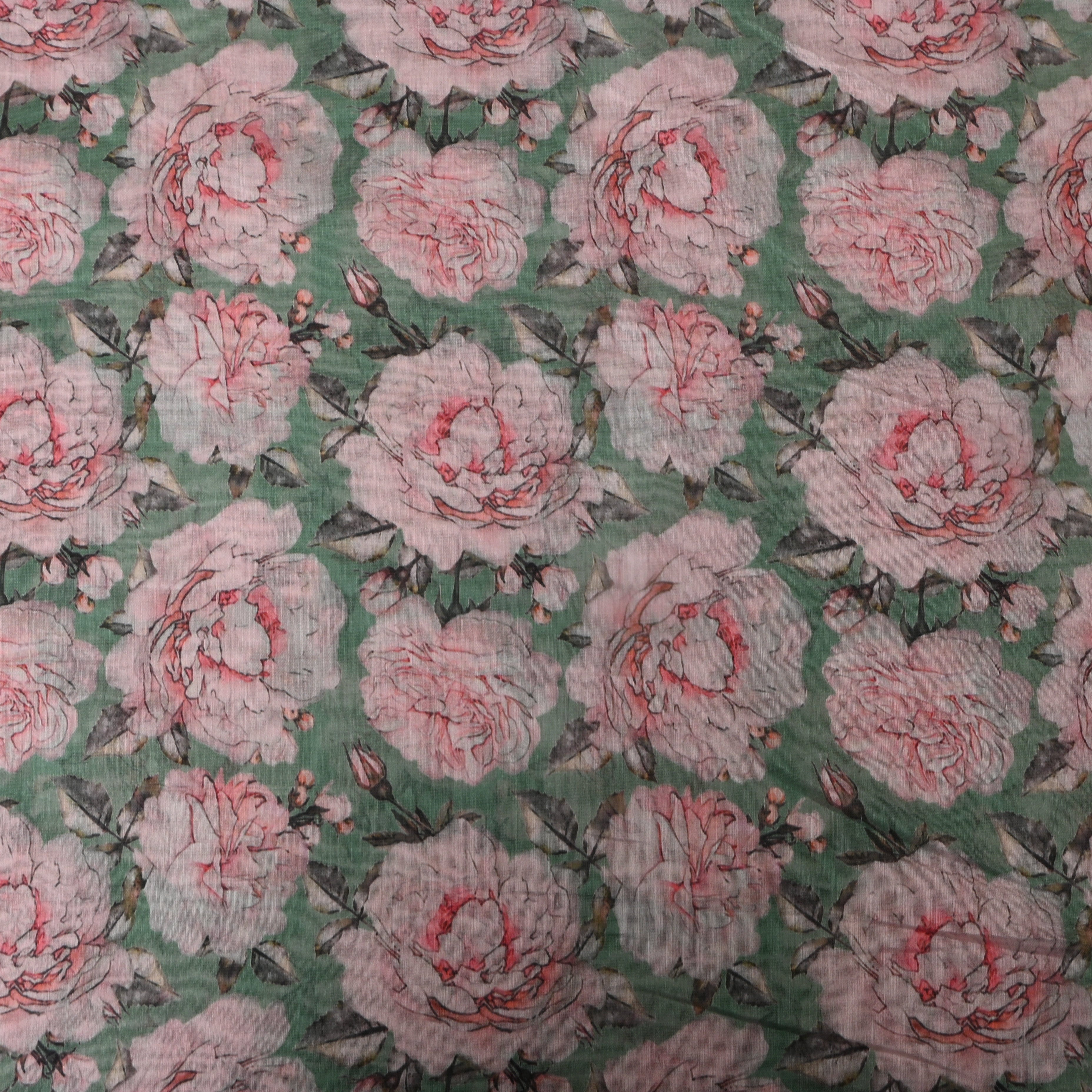 Sage Green Rose Bloom Digital Print Soft Silk