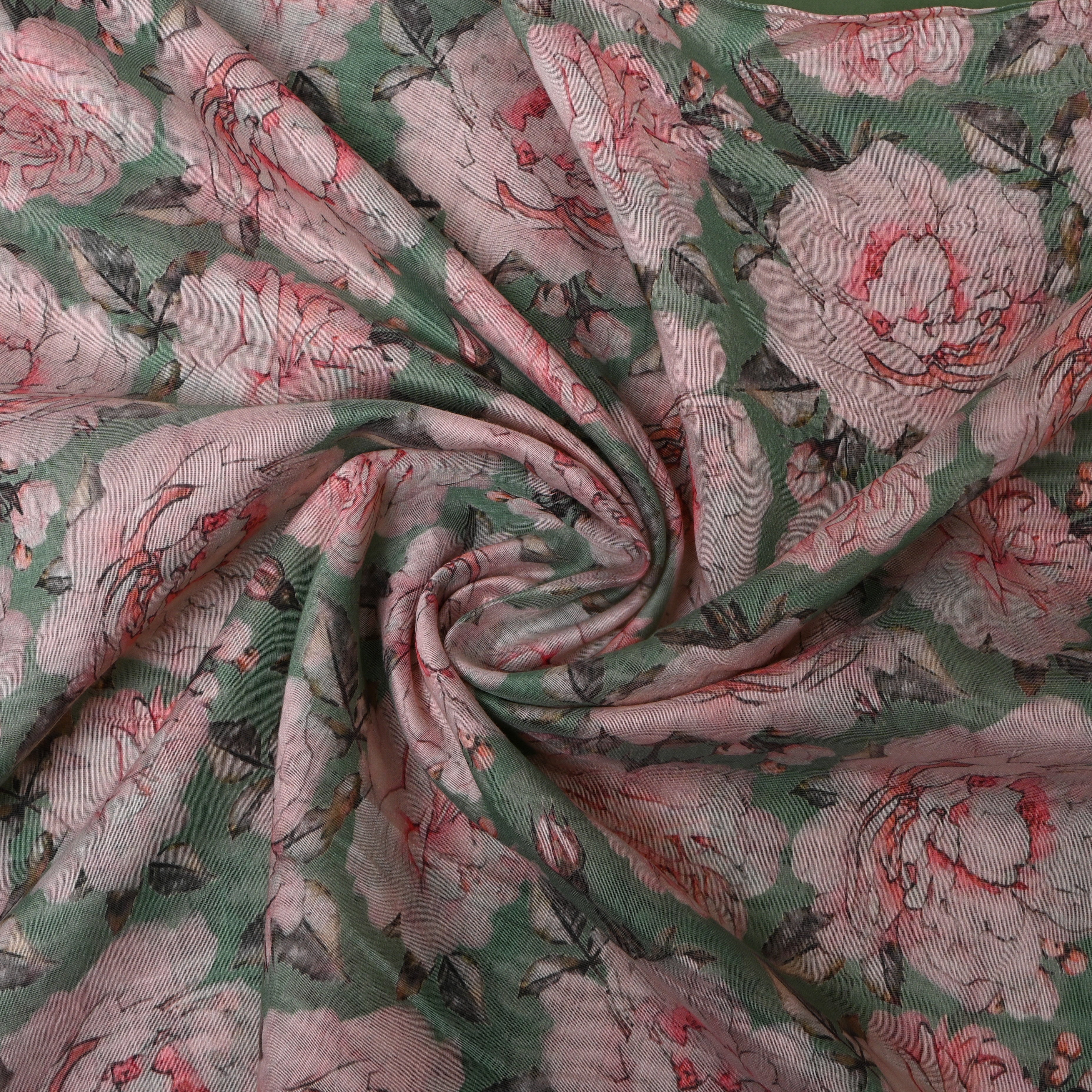 Sage Green Rose Bloom Digital Print Soft Silk