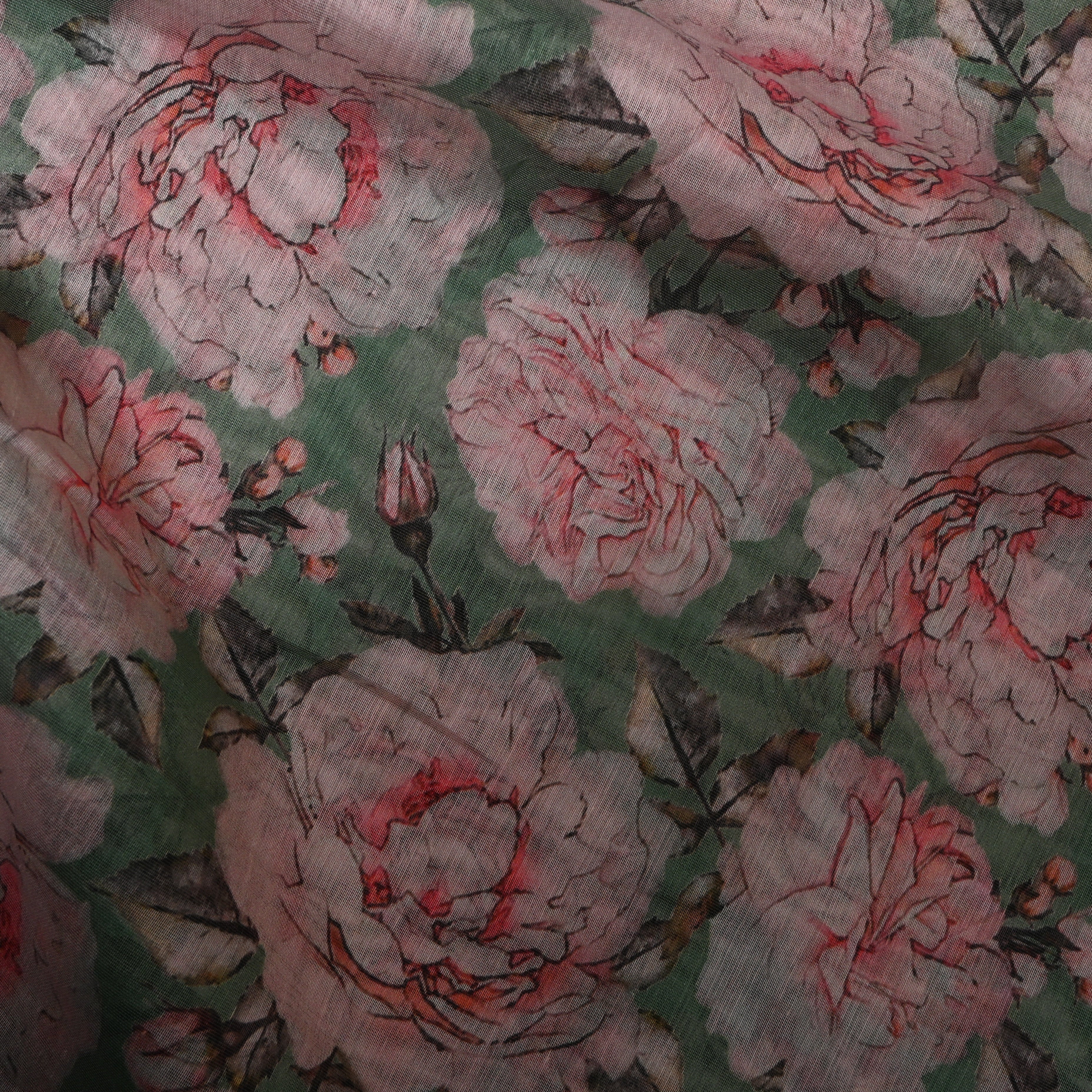 Sage Green Rose Bloom Digital Print Soft Silk