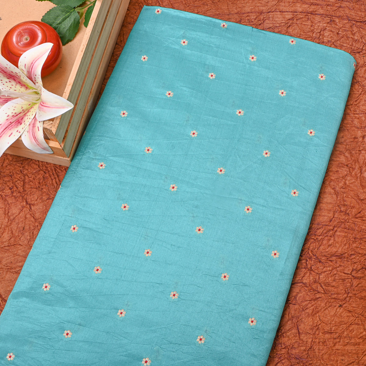 Sky Blue Gold Zari Floral Butti Bnarasi Silk Fabric