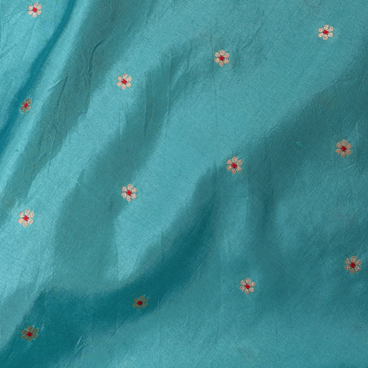 Sky Blue Gold Zari Floral Butti Bnarasi Silk Fabric