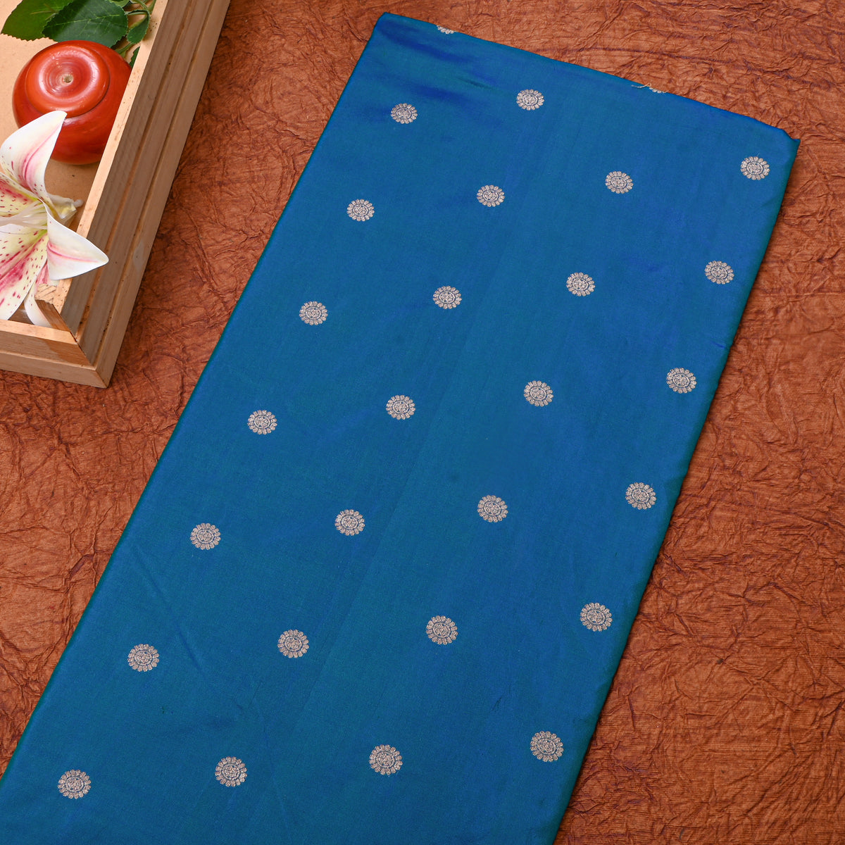 Sea Blue Silver Zari Butti Self Weave Jamawar Silk Fabric