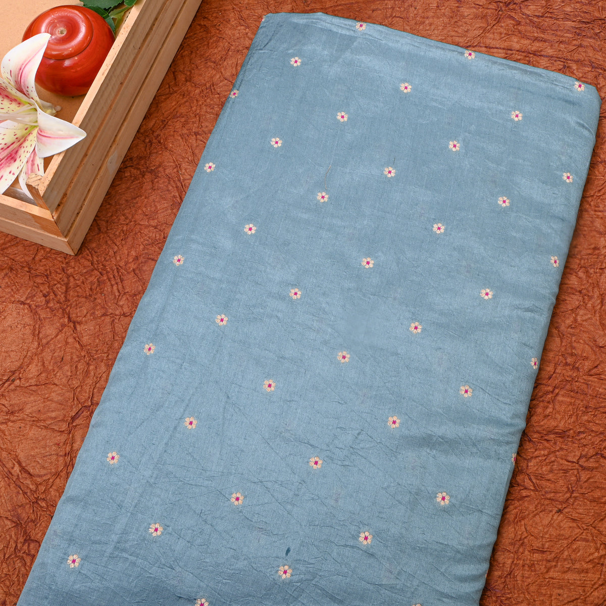 Dusky Blue Silver Zari Floral Butti Bnarasi Silk Fabric