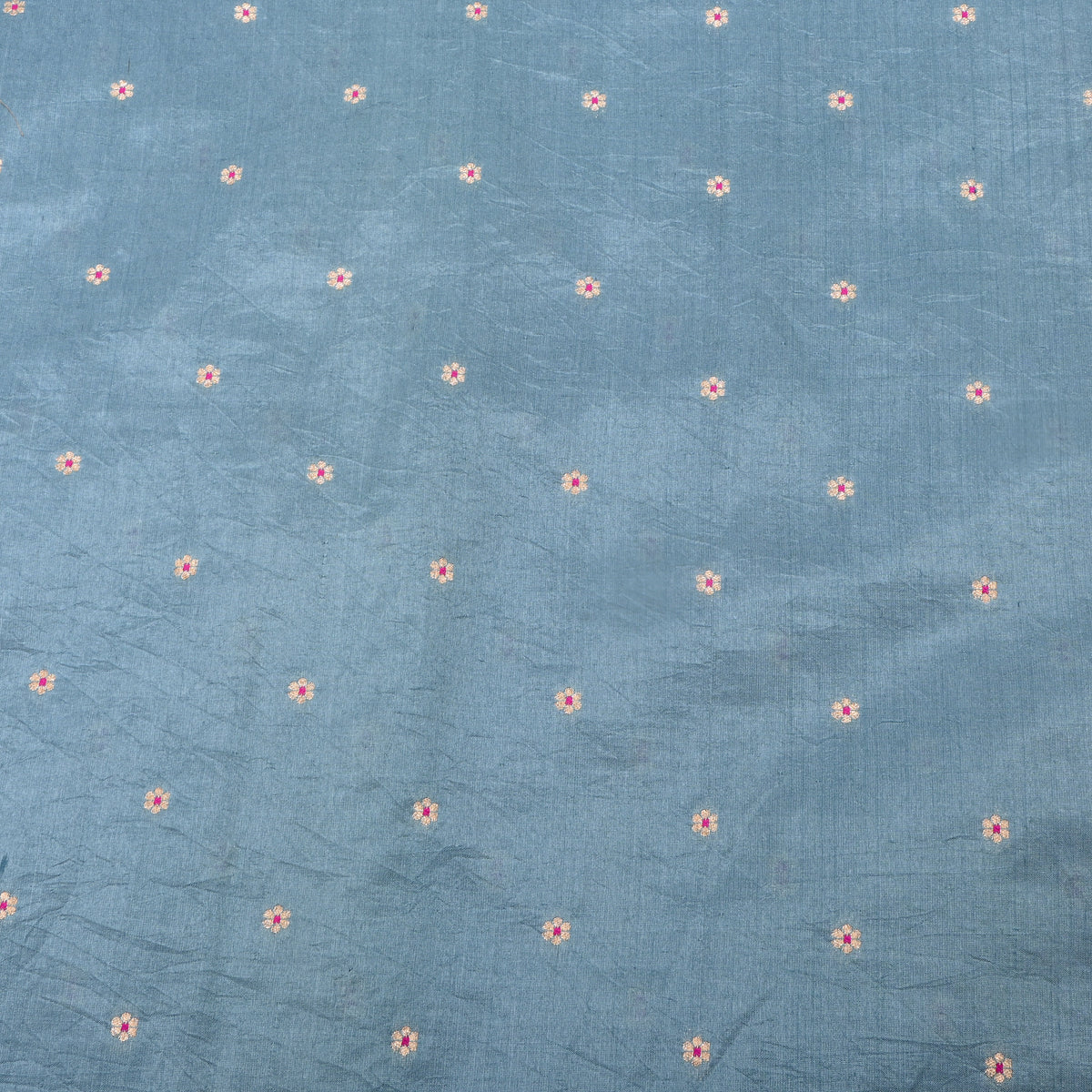 Dusky Blue Silver Zari Floral Butti Bnarasi Silk Fabric