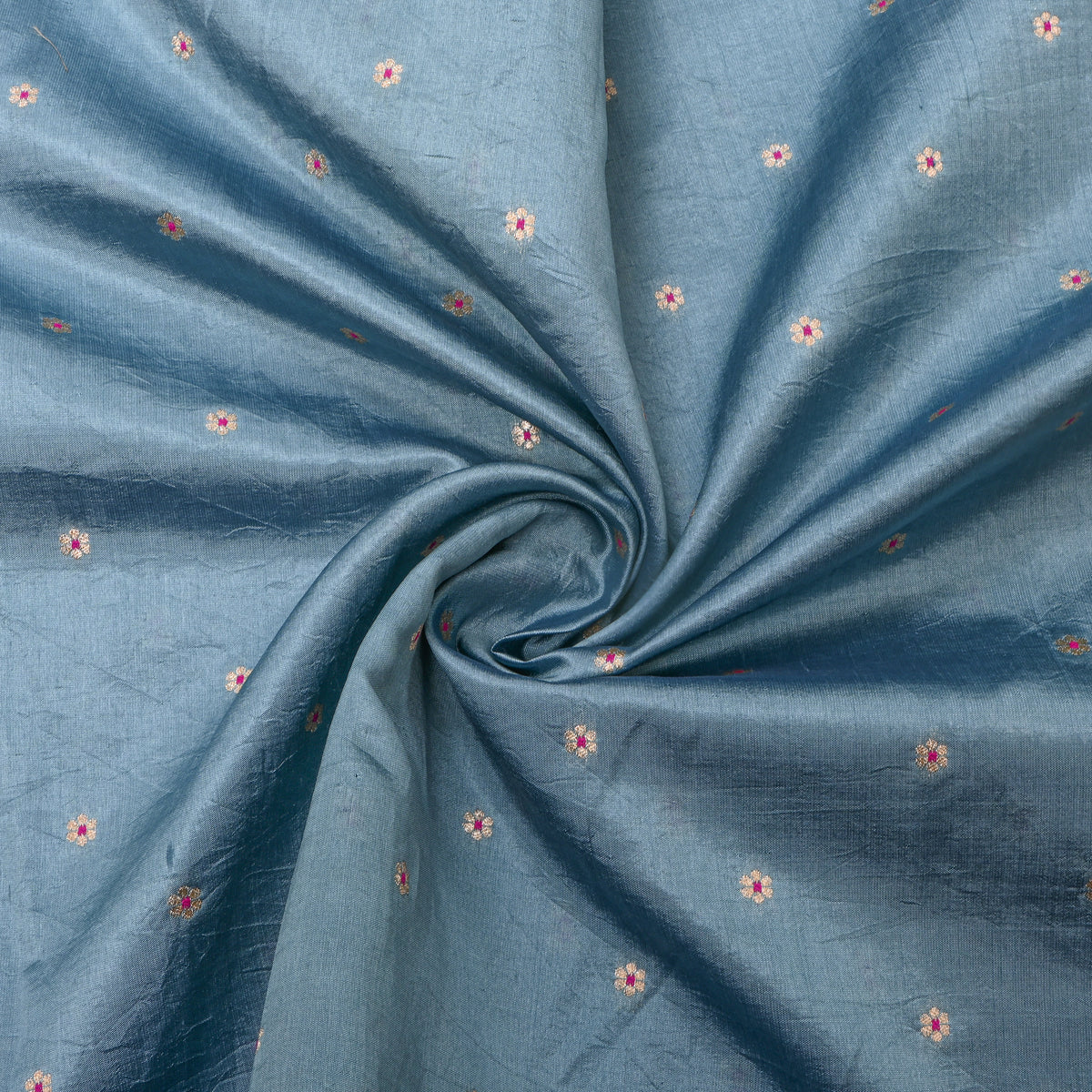 Dusky Blue Silver Zari Floral Butti Bnarasi Silk Fabric