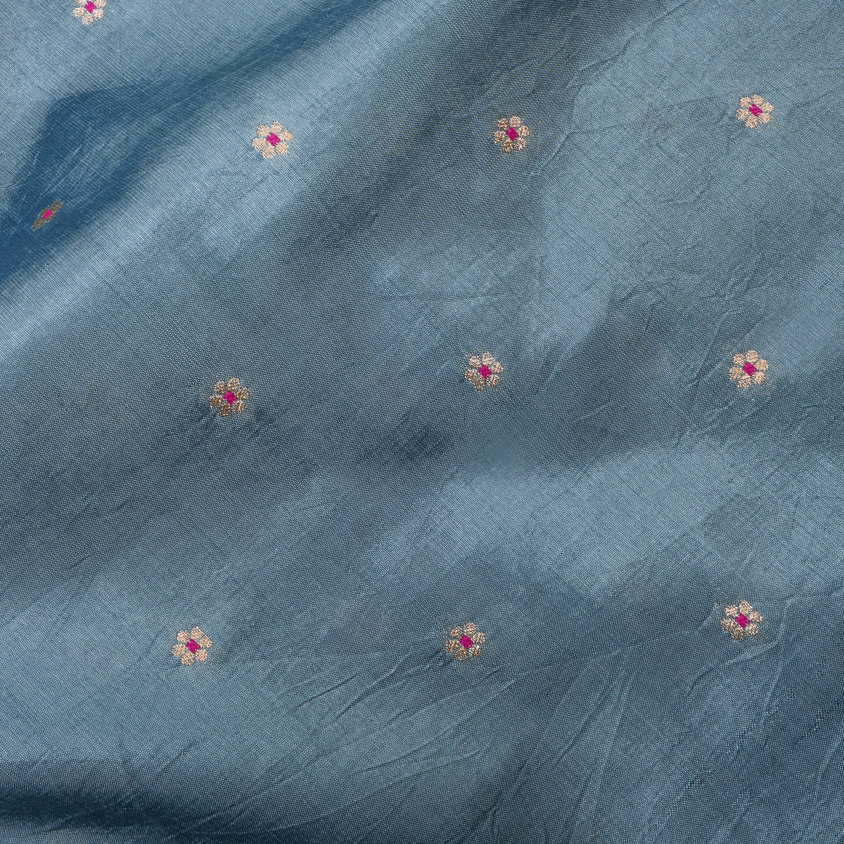 Dusky Blue Silver Zari Floral Butti Bnarasi Silk Fabric