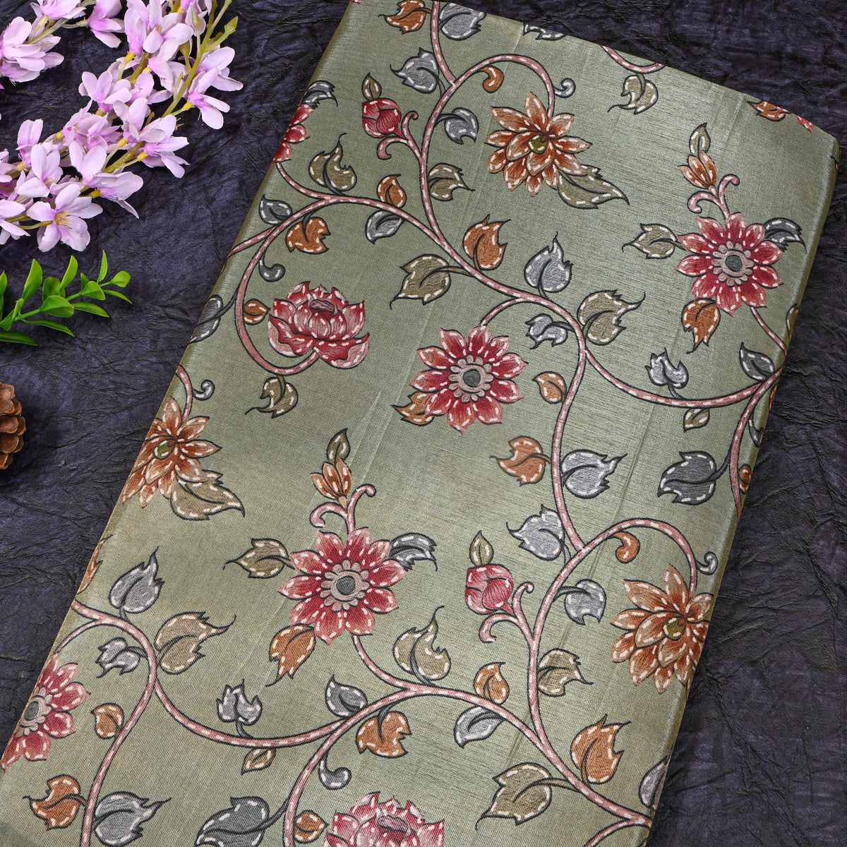Sage Green Floral Printed Tissue Fabric