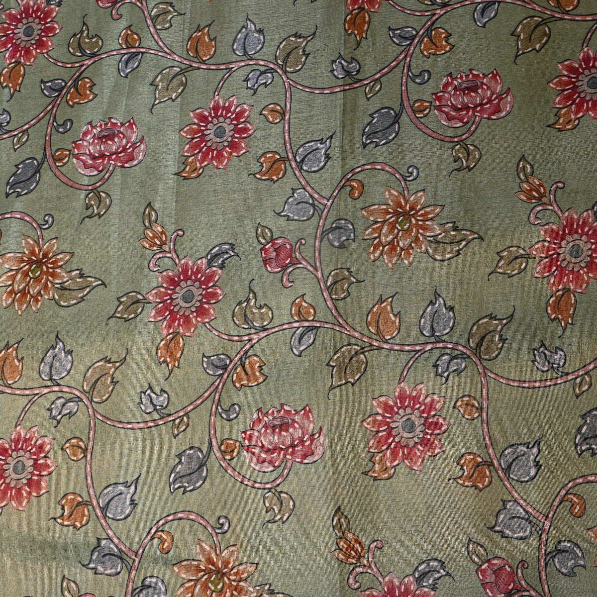 Sage Green Floral Printed Tissue Fabric