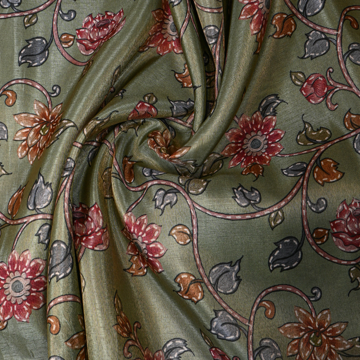Sage Green Floral Printed Tissue Fabric