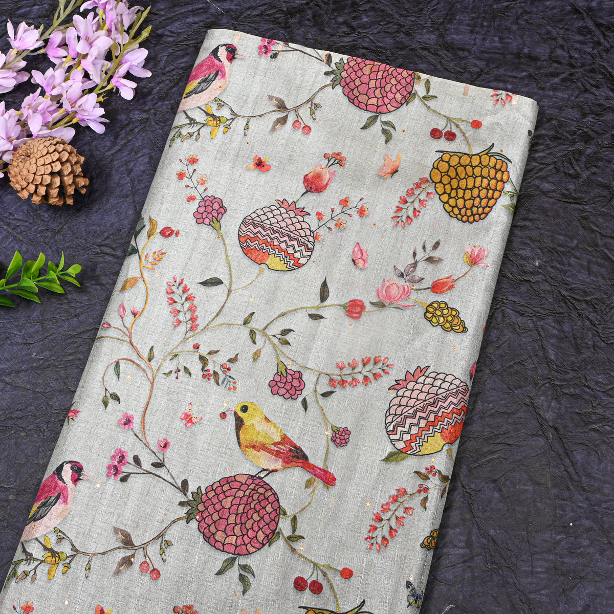 Dove Bird And Fruit Print Tussar Silk Fabric