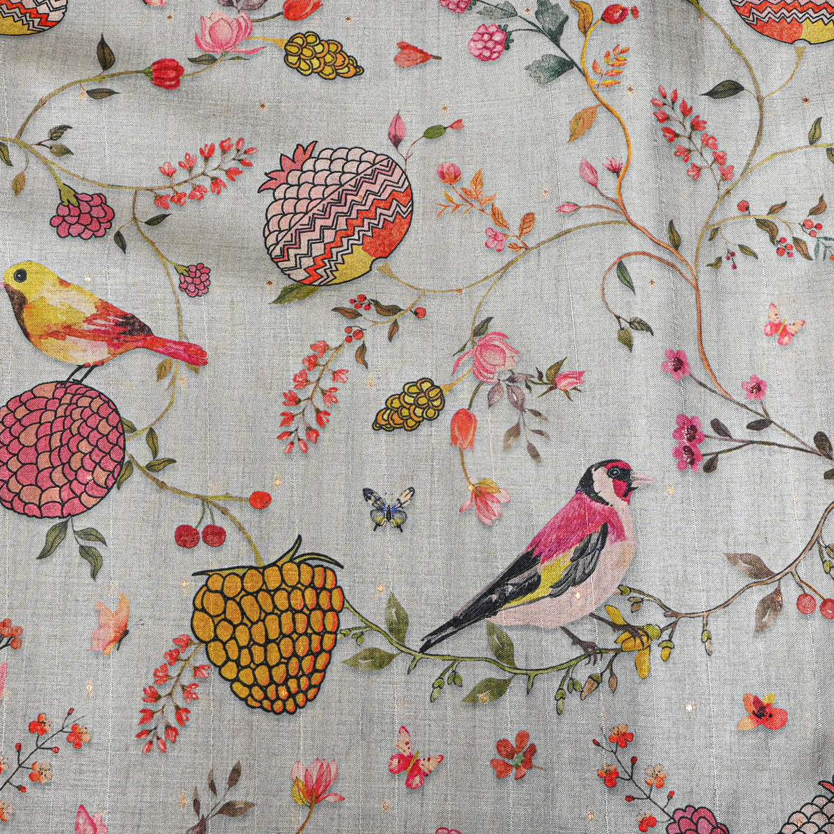 Dove Bird And Fruit Print Tussar Silk Fabric