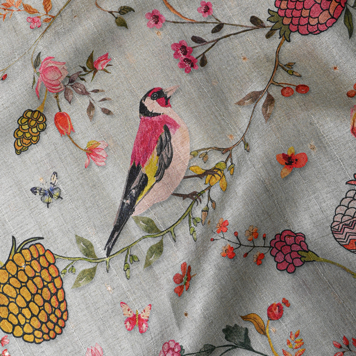 Dove Bird And Fruit Print Tussar Silk Fabric