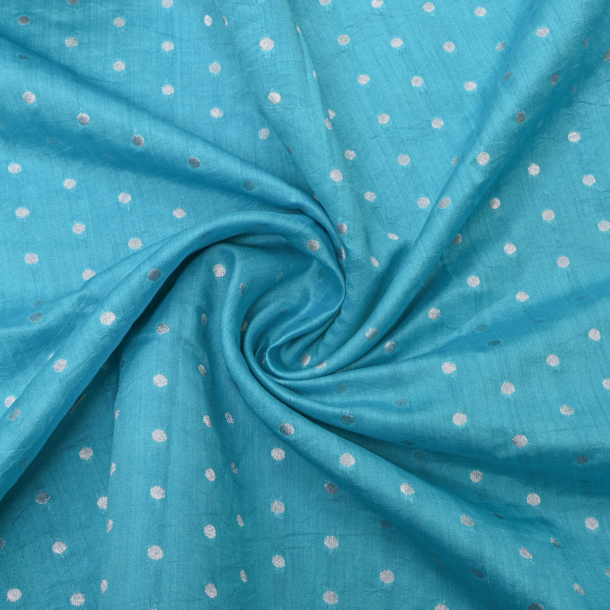 Teal Blue With Silver Zari Dot Butti Banarasi Silk Fabric