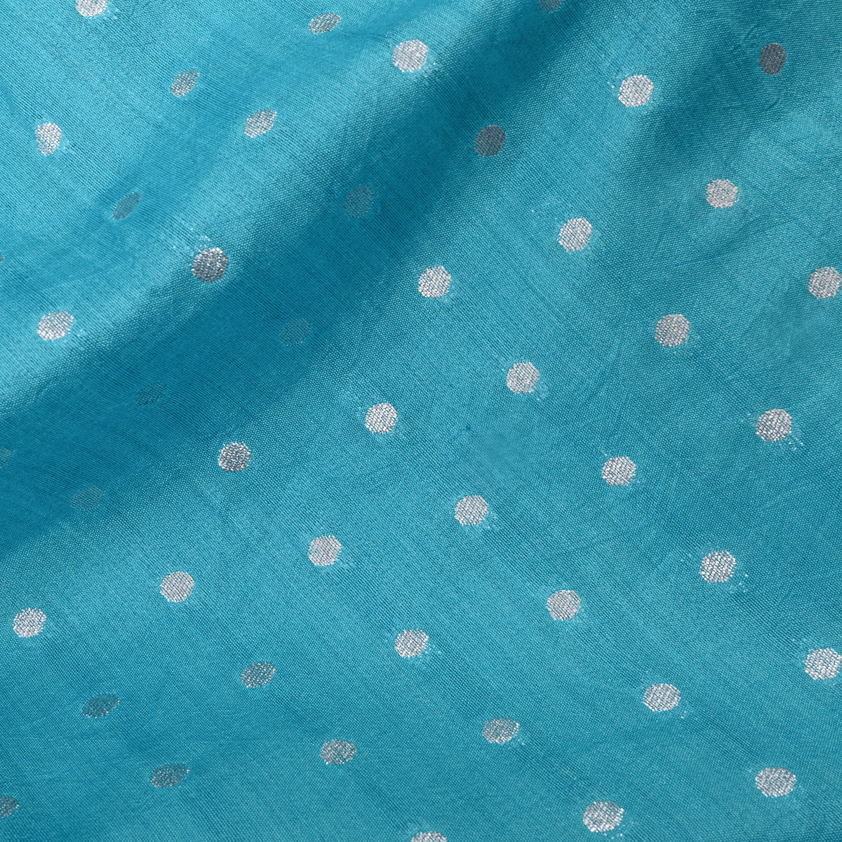 Teal Blue With Silver Zari Dot Butti Banarasi Silk Fabric