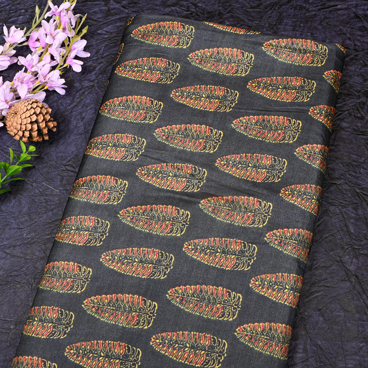 Jet Black Leaf Butti Digital Print Tussar Fabric