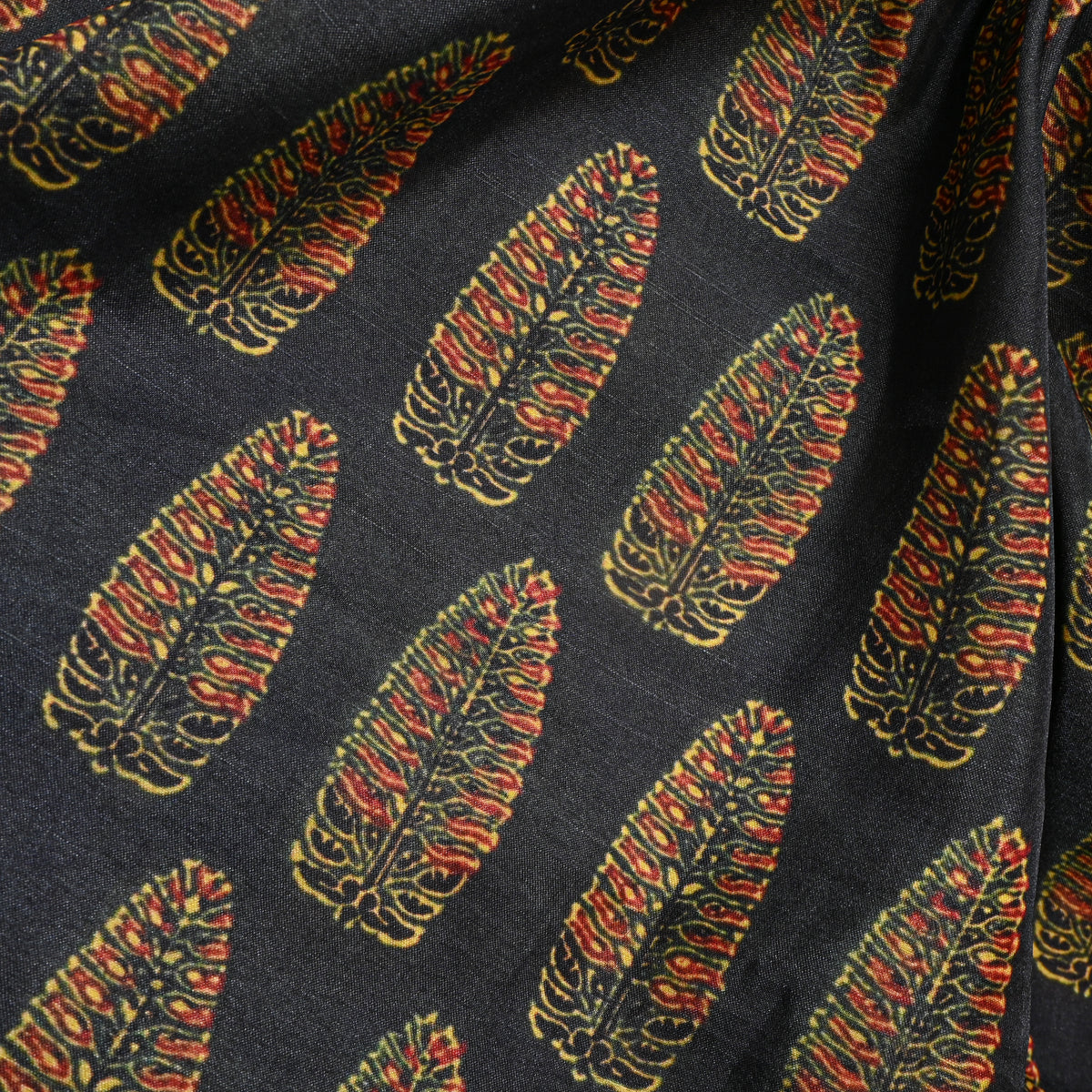 Jet Black Leaf Butti Digital Print Tussar Fabric