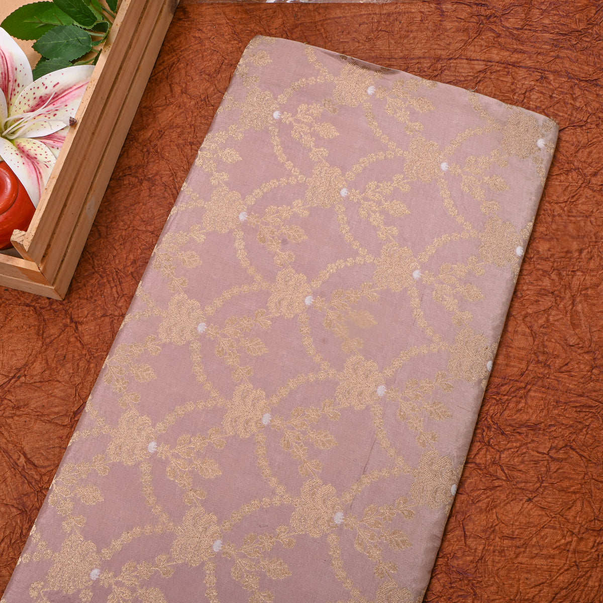Dusty Mauve Jamawar Silk With Dual Tone Brocade Trellis