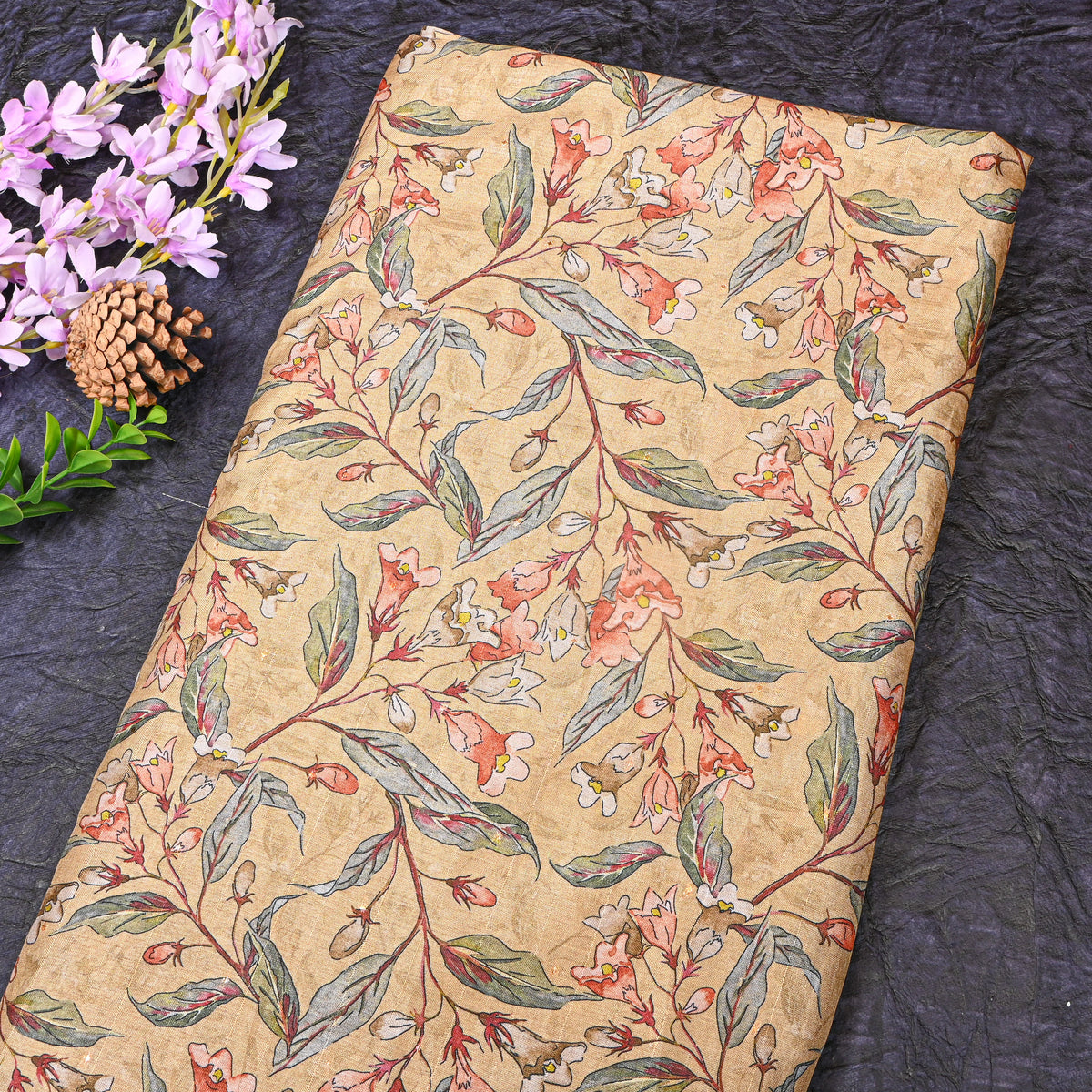 Honey Leafy Floral Vine Print Tussar Silk Fabric