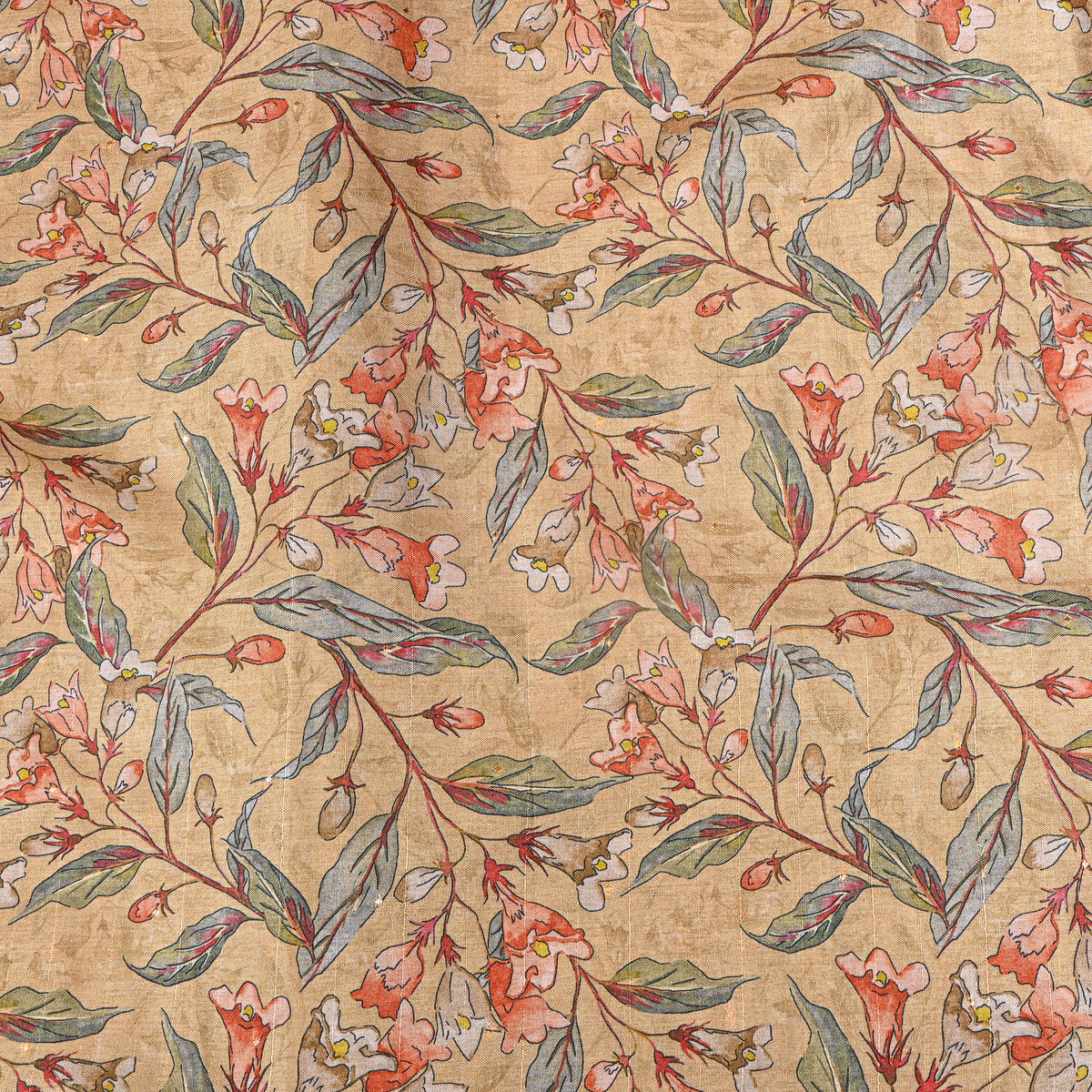 Honey Leafy Floral Vine Print Tussar Silk Fabric