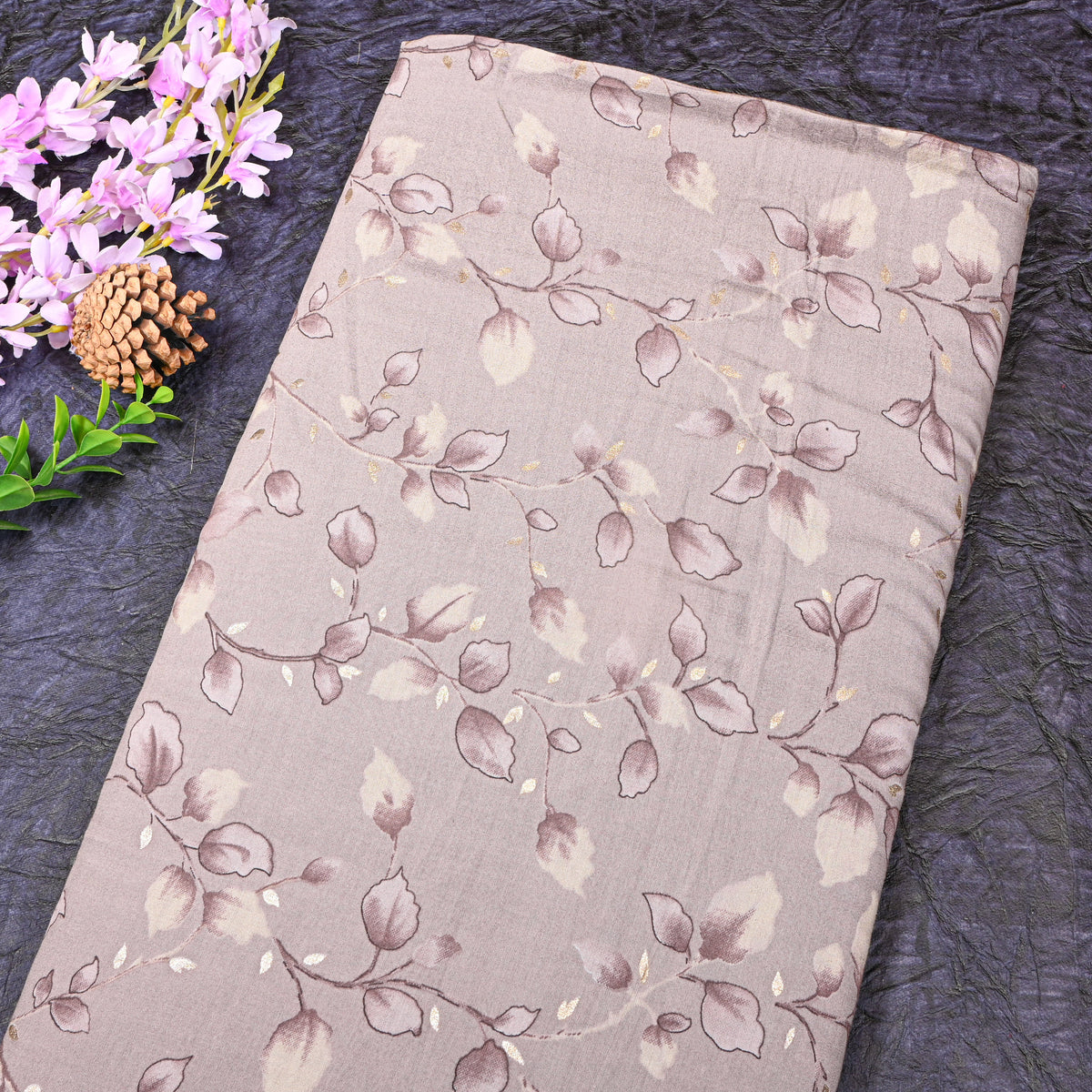 Dove Grey Leaf Vine Floral Print Fabric