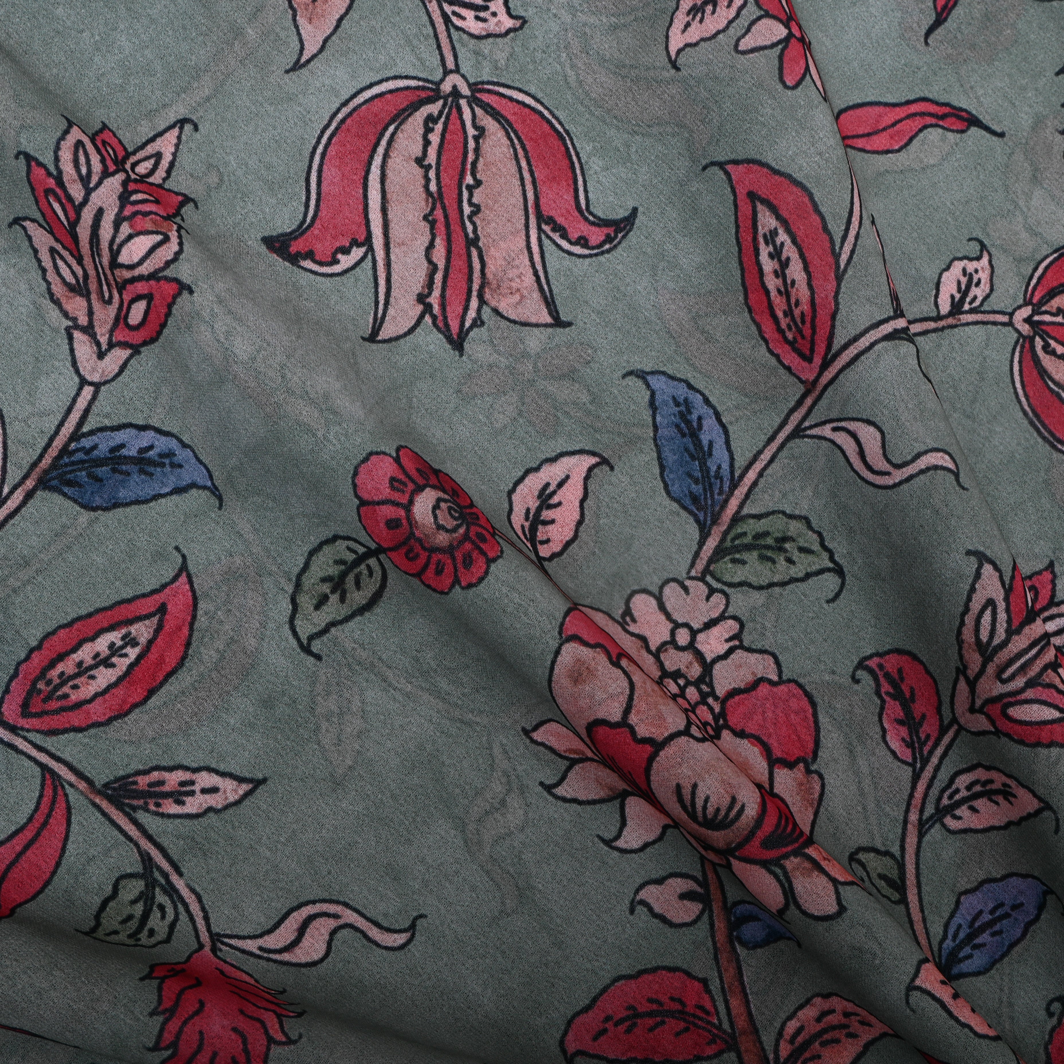 Gray Jacobean Floral Digital Print Silk