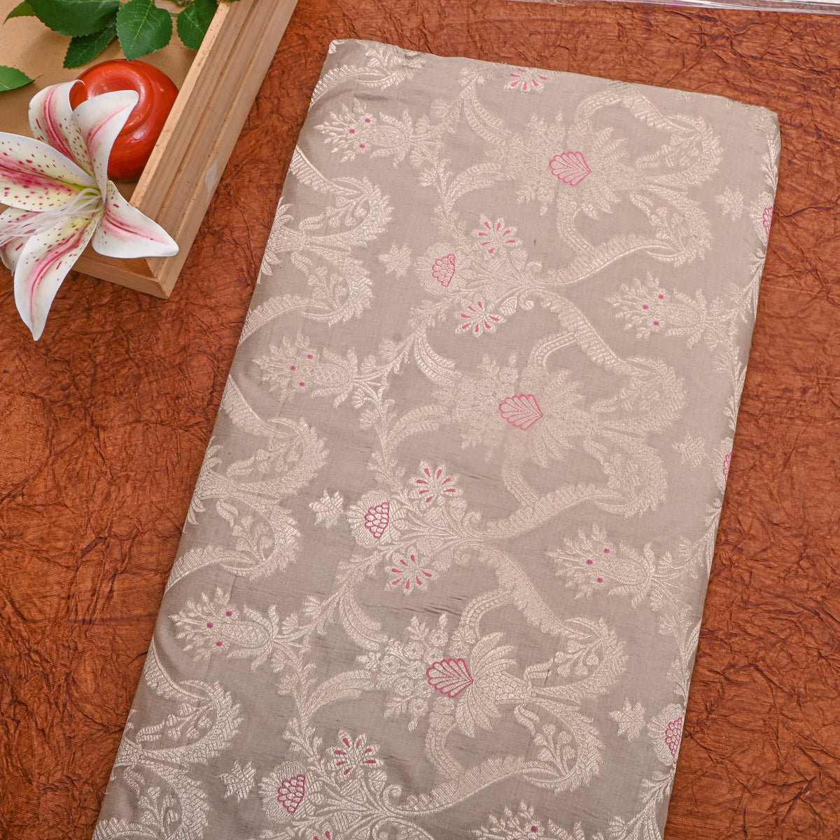 Rosewood Gold Zari Brocade Jamawar Silk Fabric