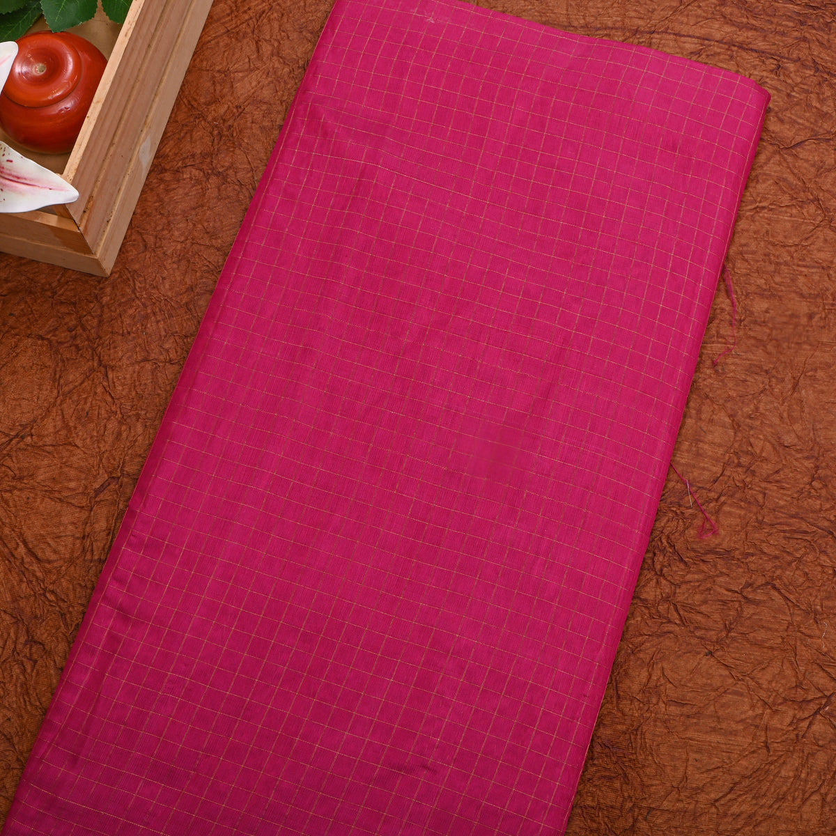 Rose Pink Gold Check Self Weave Jamawar Silk Fabric