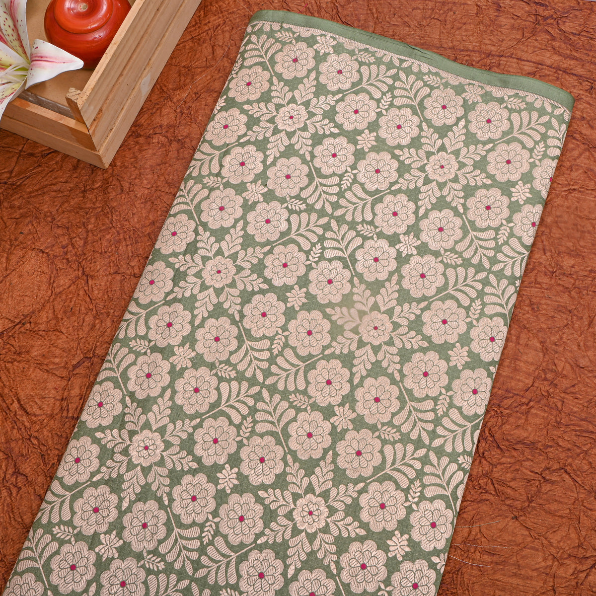 Sage Green Gold Zari Floral Trellis Jamawar Silk Fabric