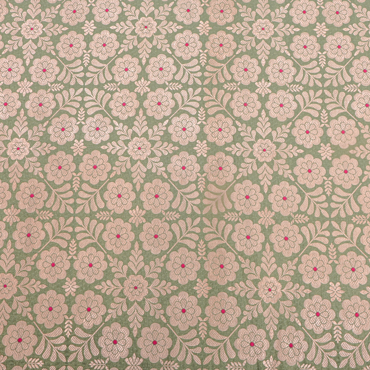 Sage Green Gold Zari Floral Trellis Jamawar Silk Fabric