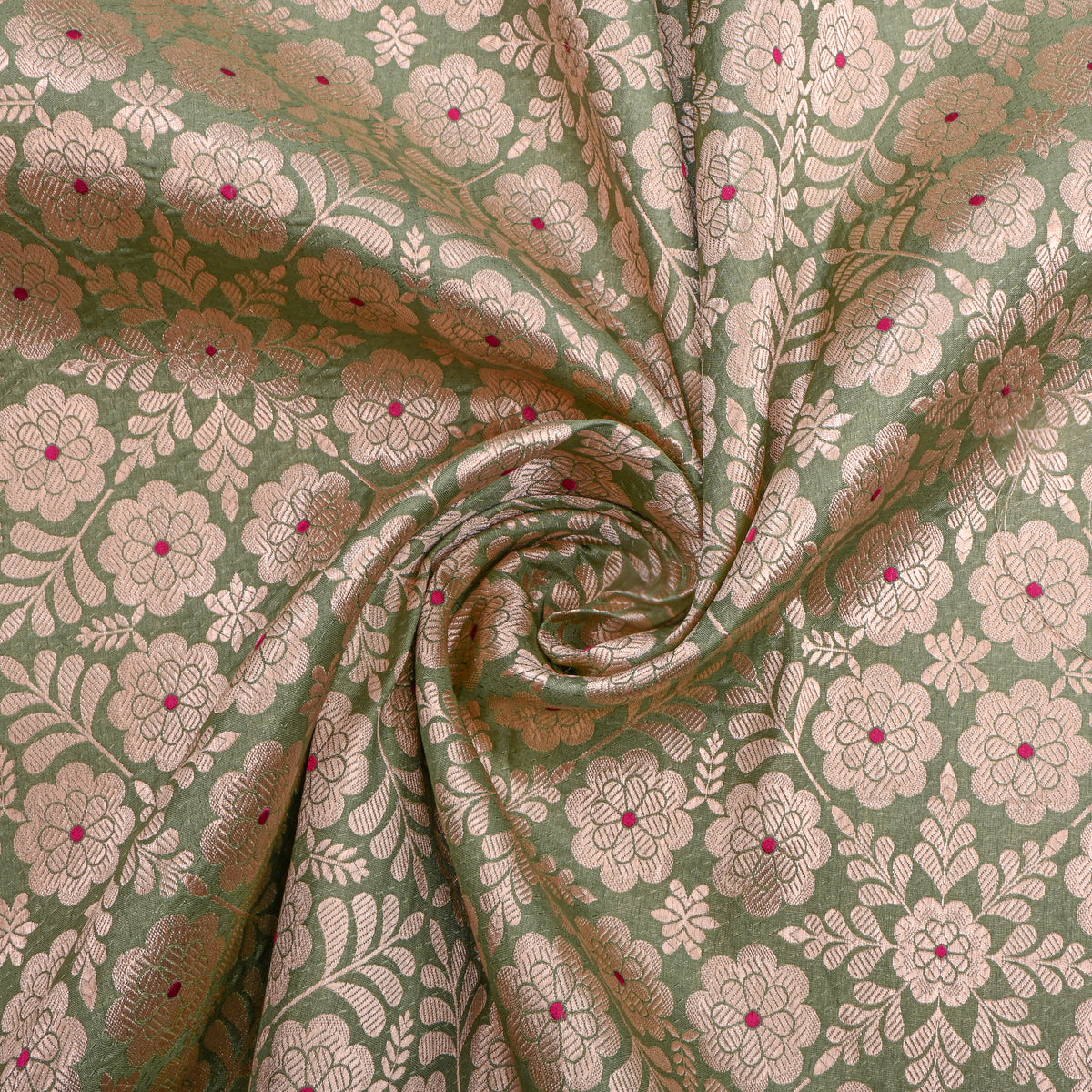 Sage Green Gold Zari Floral Trellis Jamawar Silk Fabric