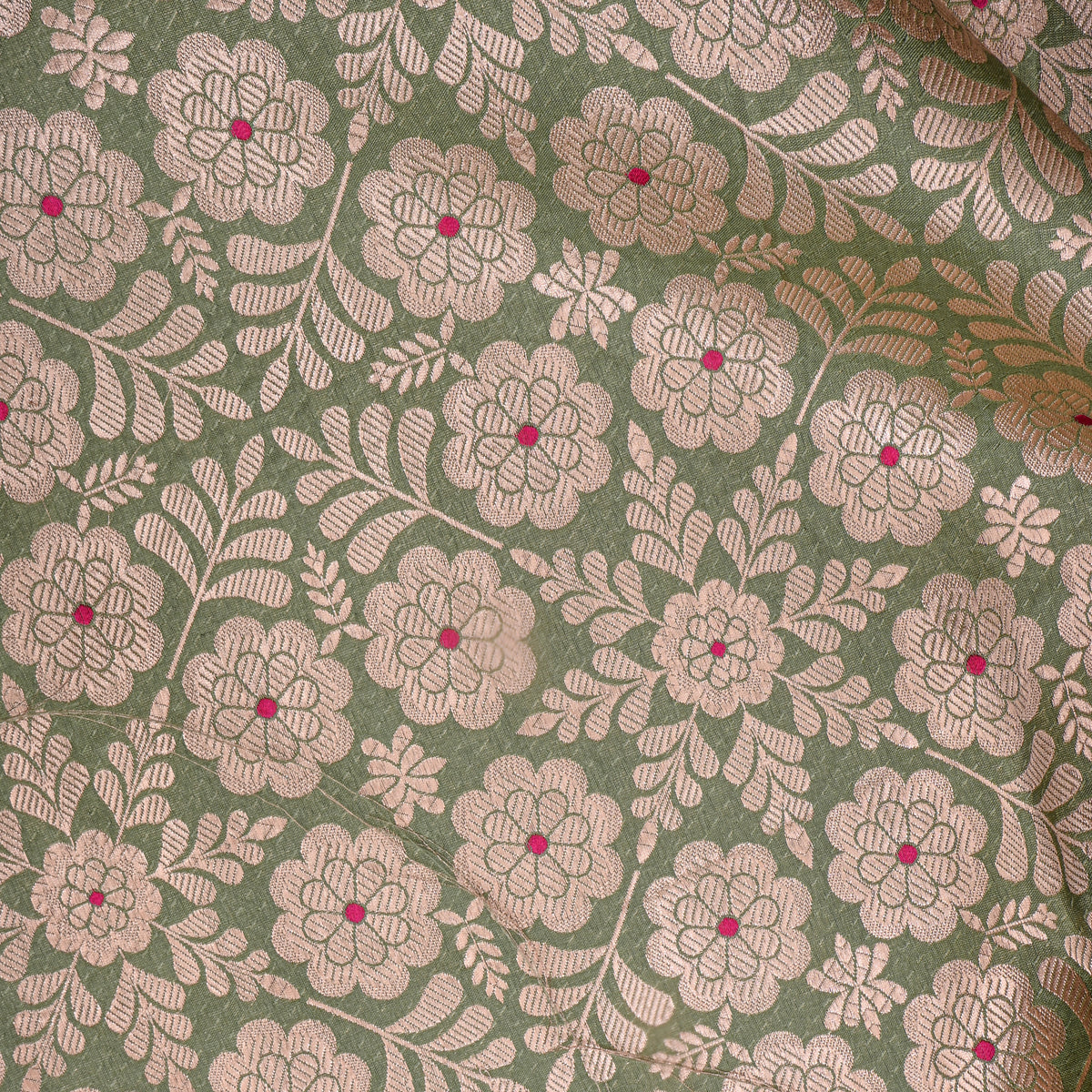 Sage Green Gold Zari Floral Trellis Jamawar Silk Fabric