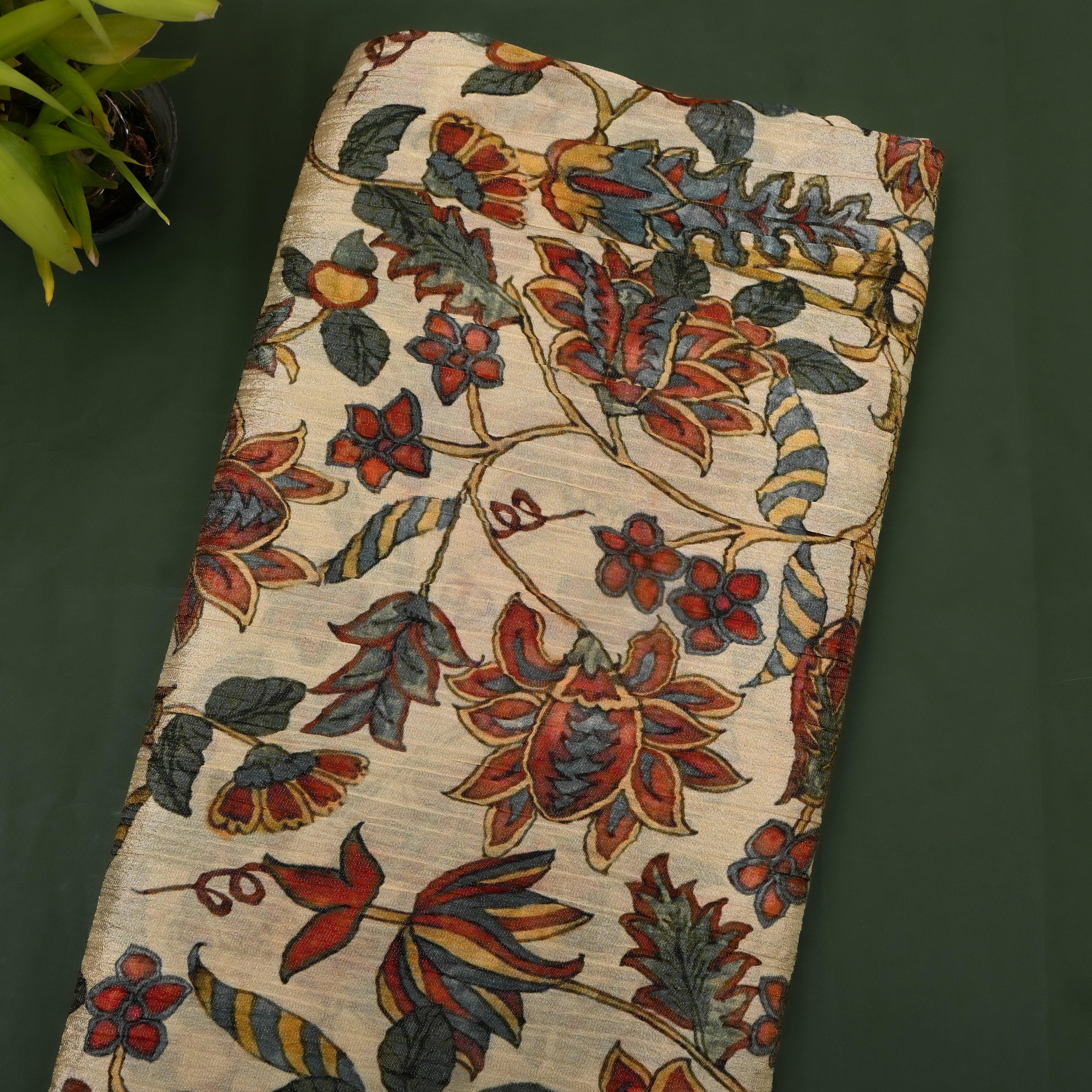 Ivory Mughal Floral Print Tissue Fabric