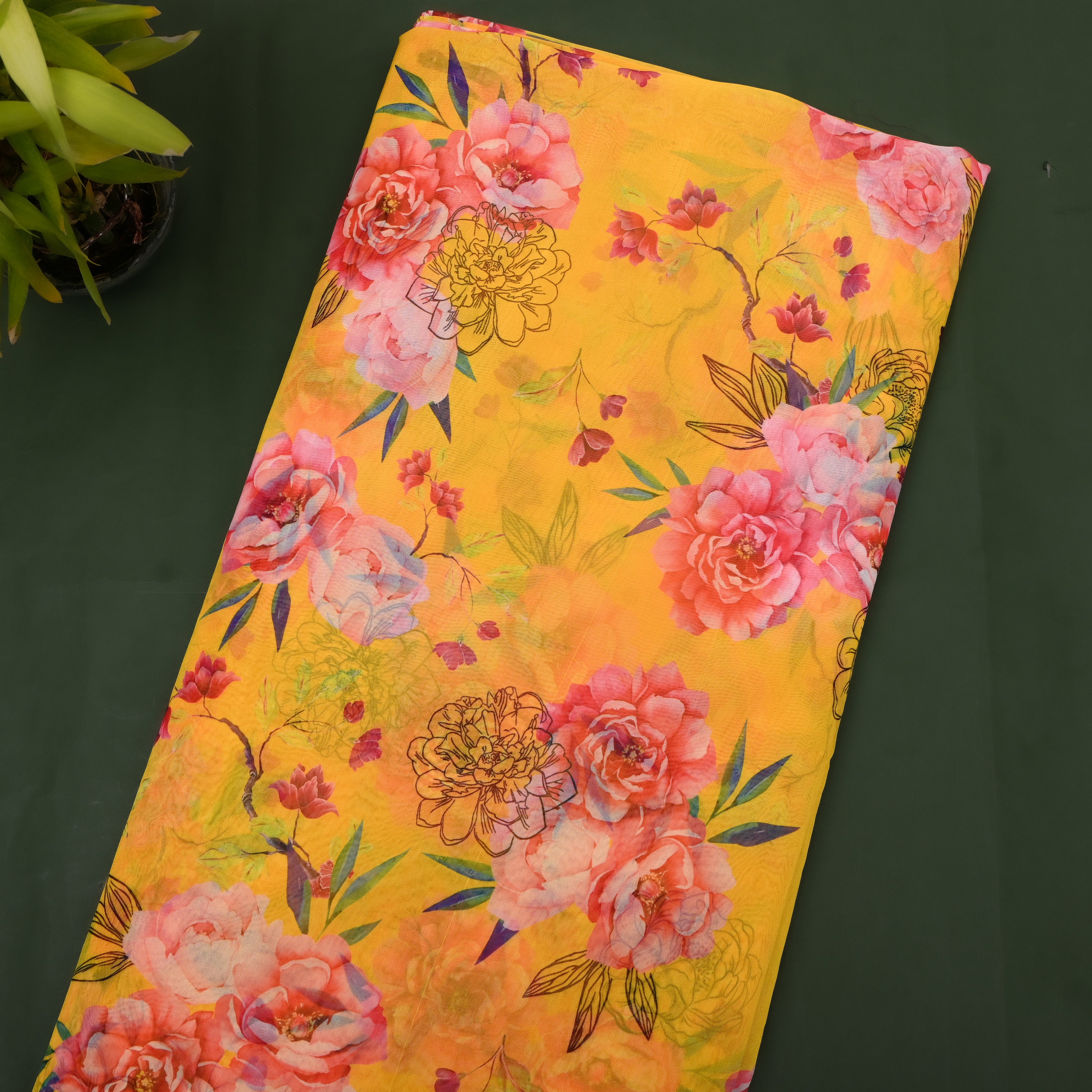 Sunflower Yellow Peony Print Organza Fabric