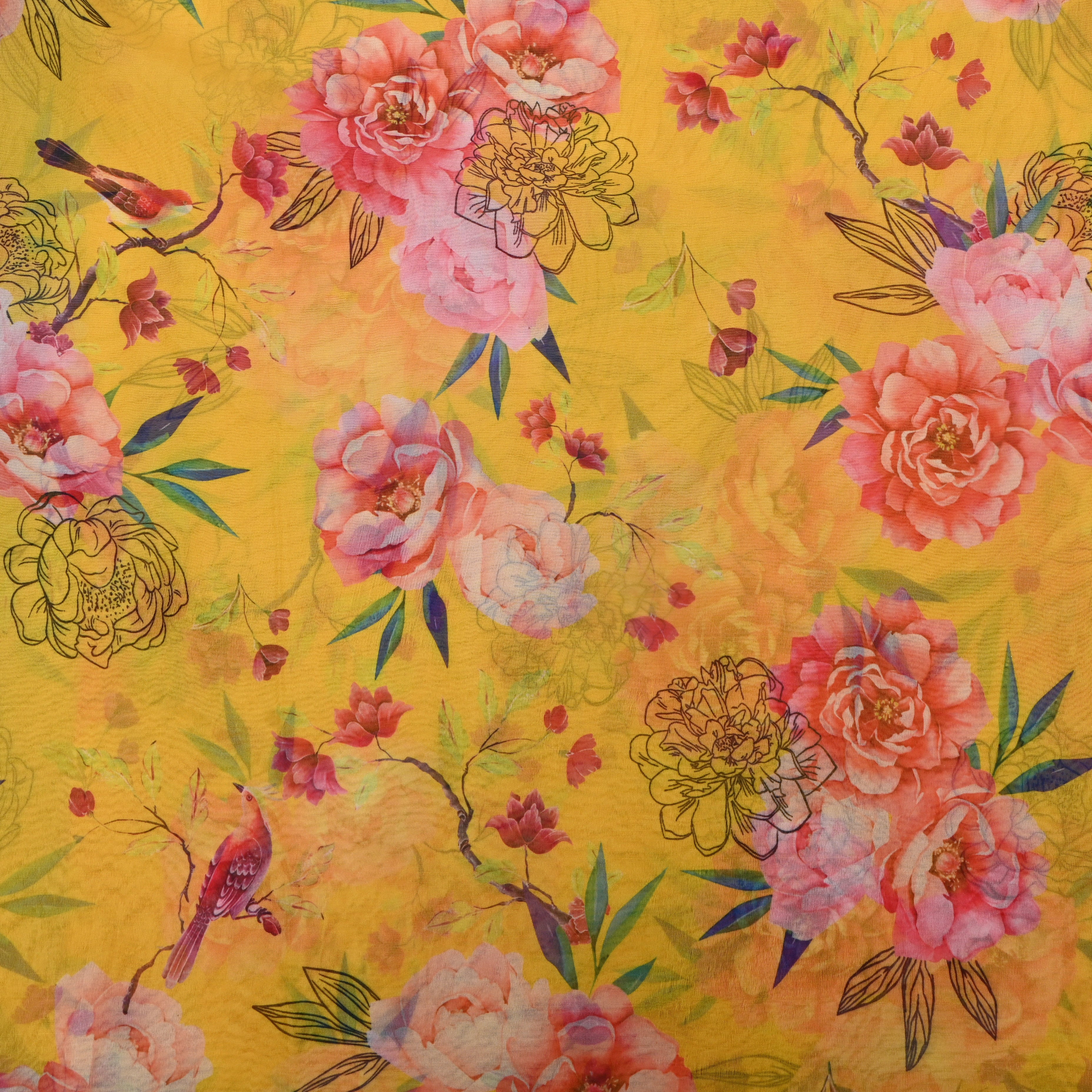 Sunflower Yellow Peony Print Organza Fabric