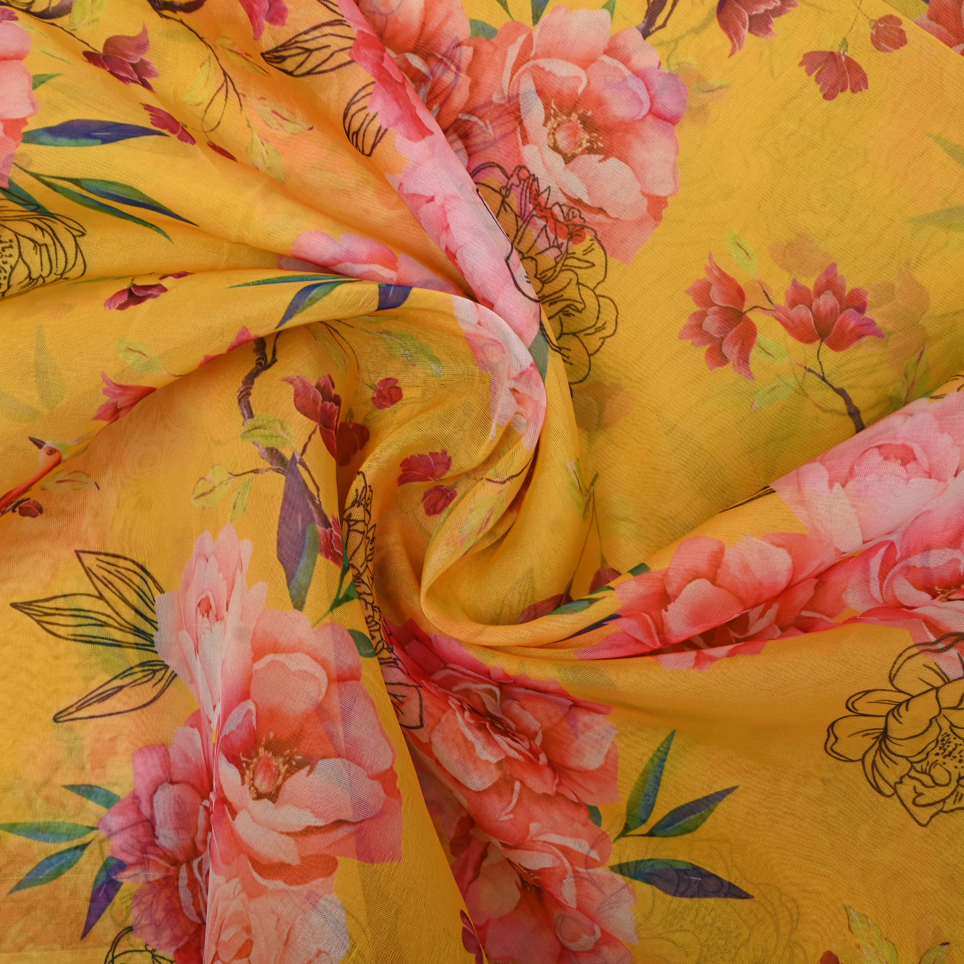Sunflower Yellow Peony Print Organza Fabric