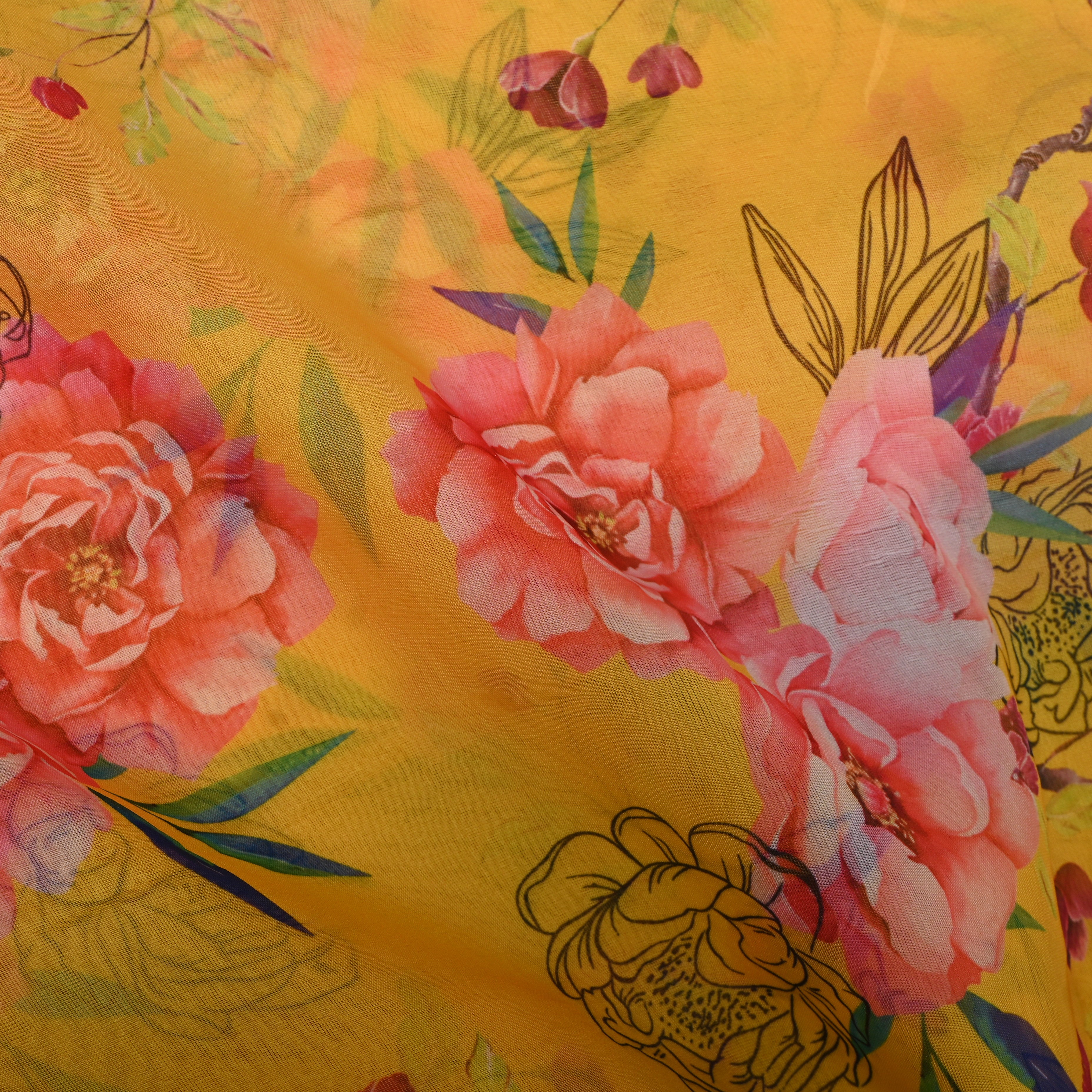 Sunflower Yellow Peony Print Organza Fabric