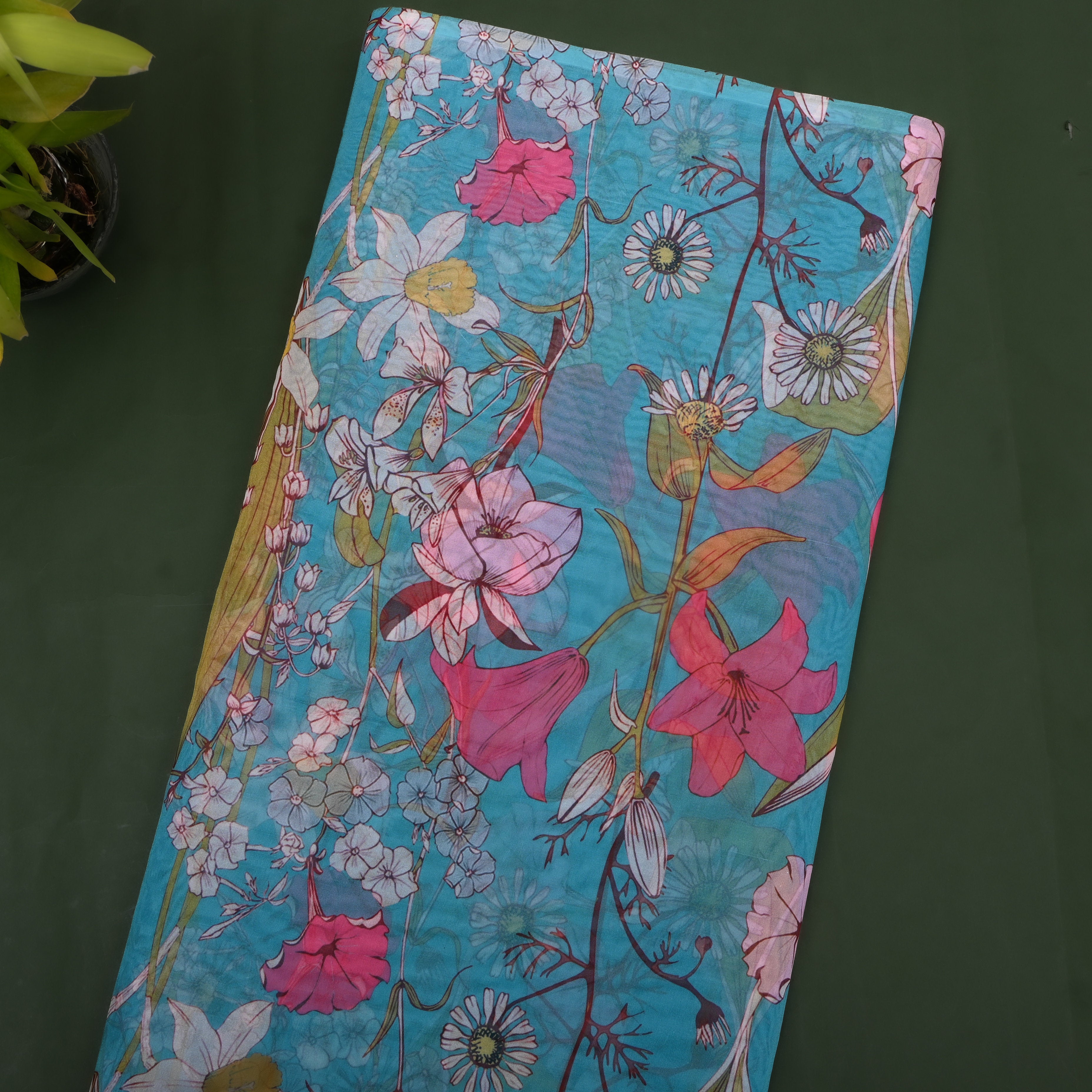 Turquoise Blue Wildflower Print Organza Fabric