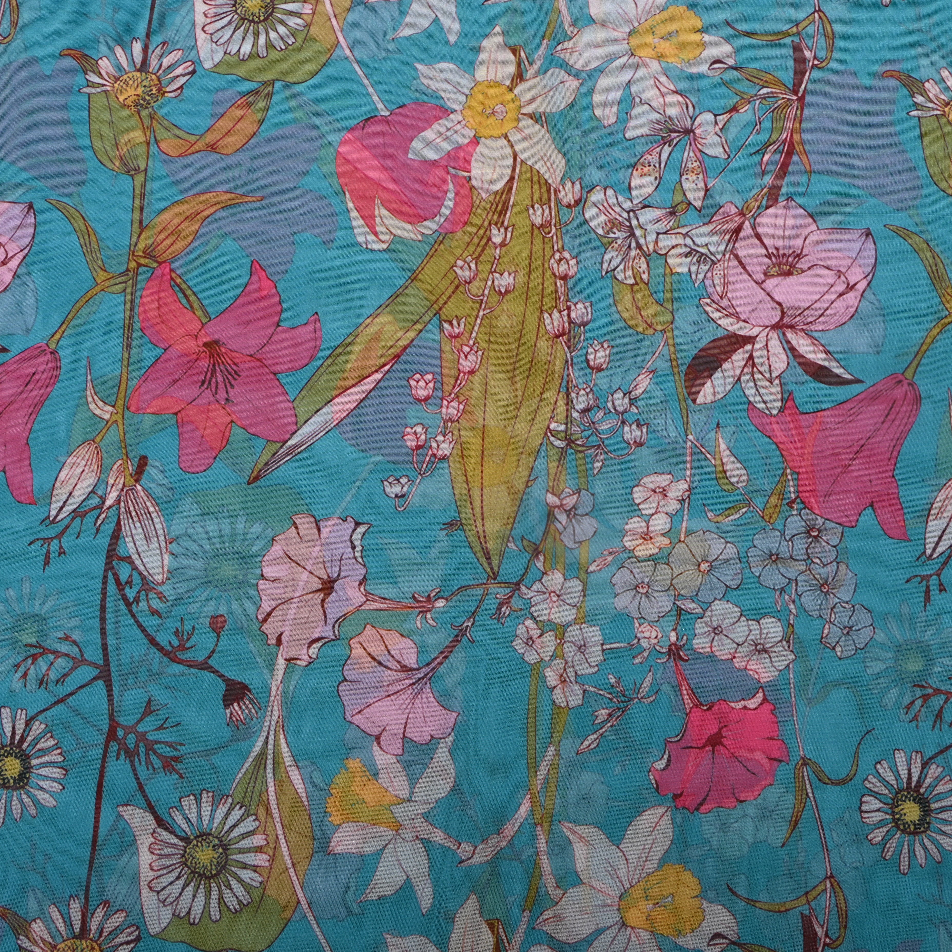 Turquoise Blue Wildflower Print Organza Fabric