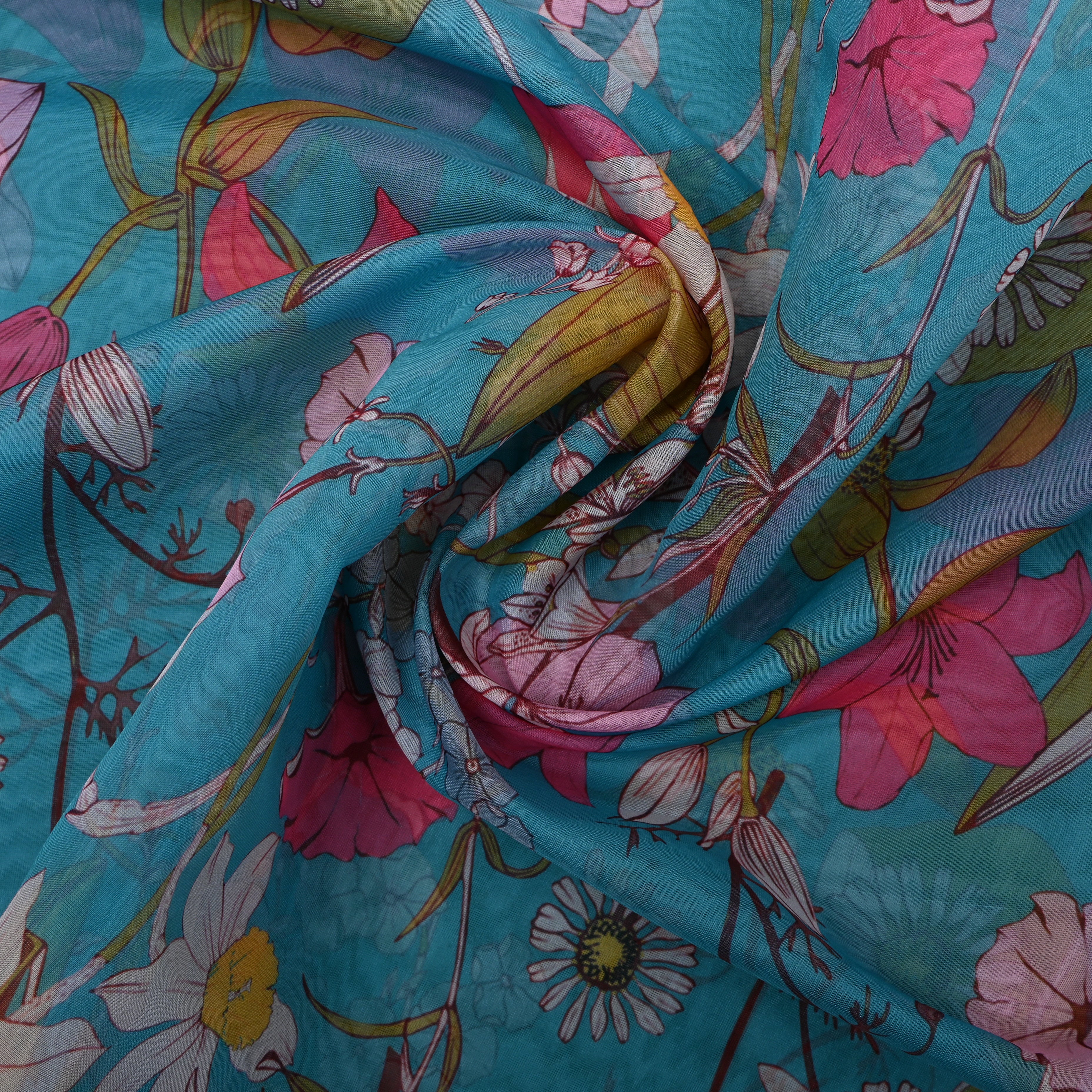 Turquoise Blue Wildflower Print Organza Fabric
