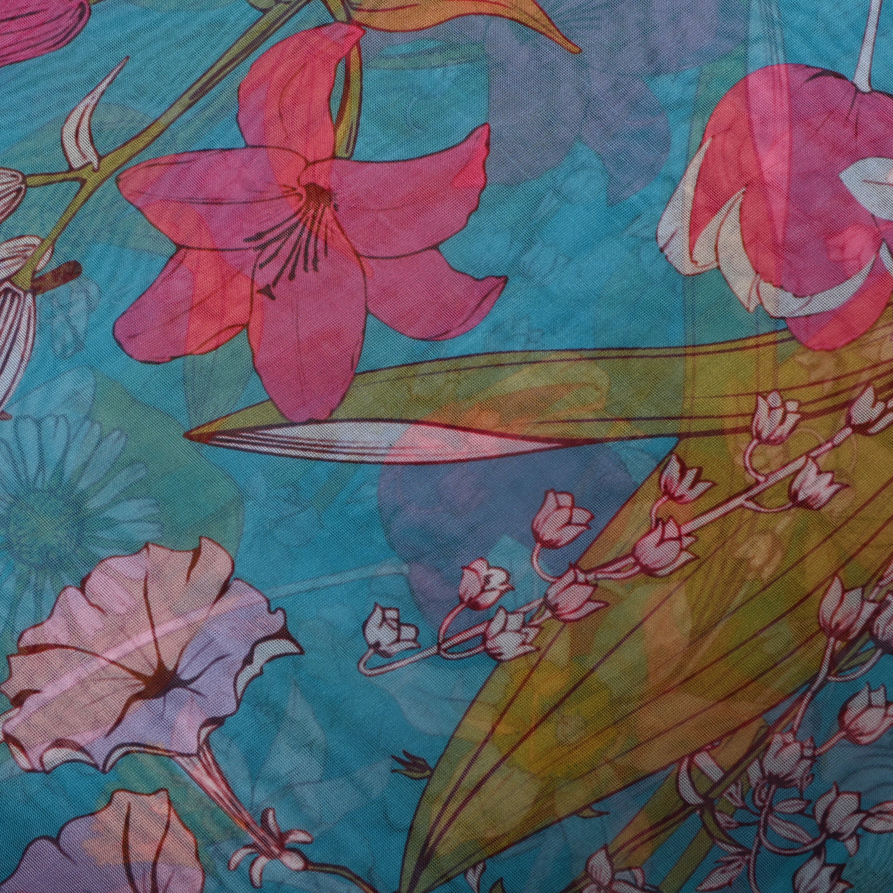 Turquoise Blue Wildflower Print Organza Fabric