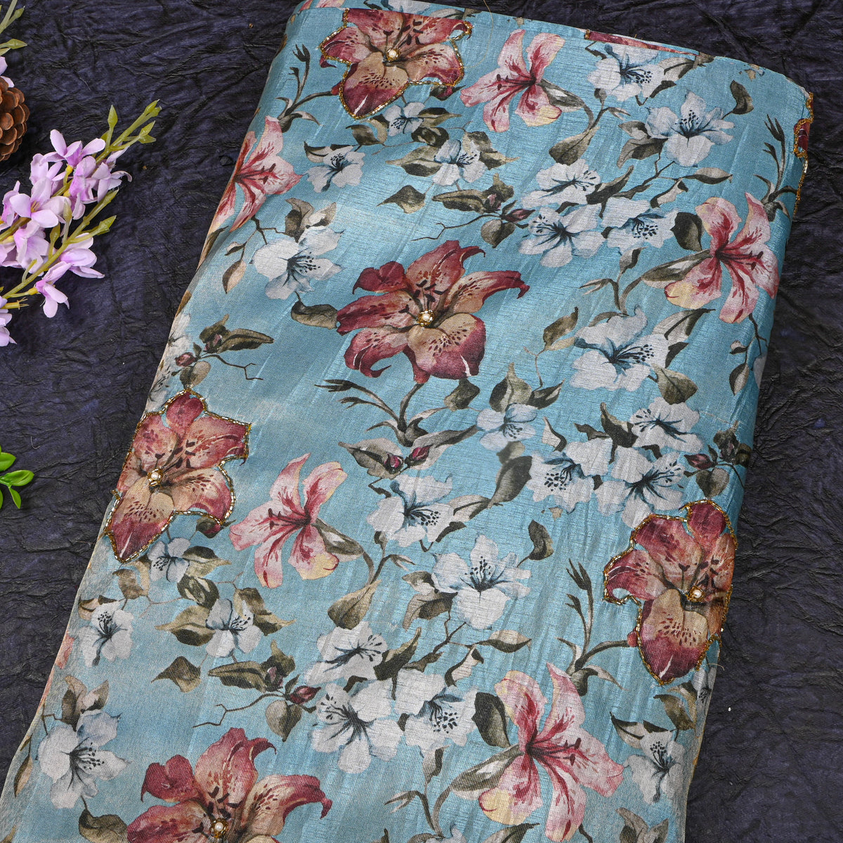 Lagoon Blue Lily Floral Bead Work Embroidery Tissue Fabric