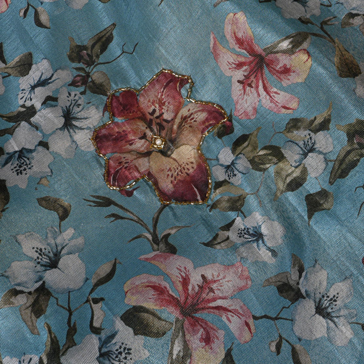 Lagoon Blue Lily Floral Bead Work Embroidery Tissue Fabric